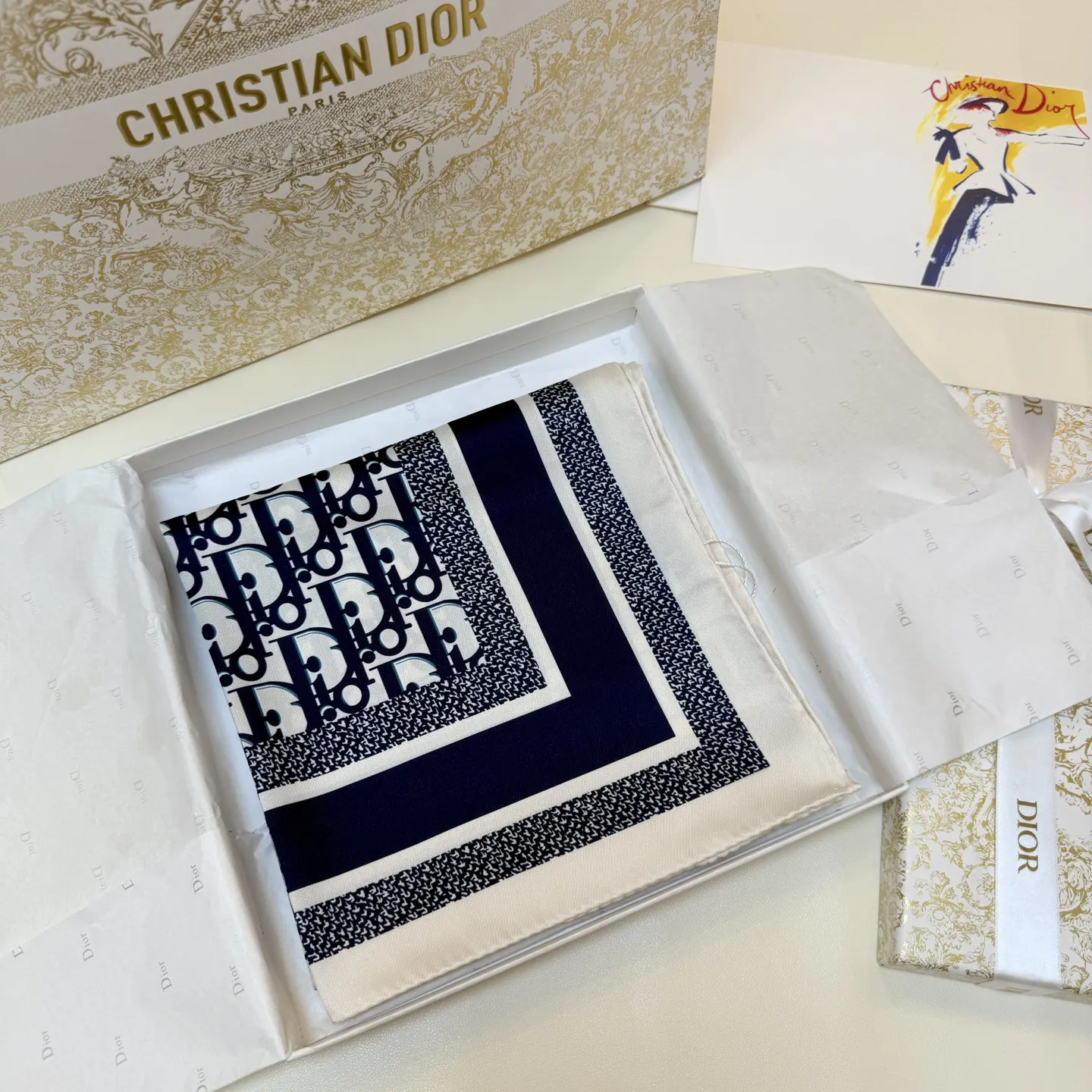 Dior 蓝色提花真丝方巾 复古配饰 围巾
