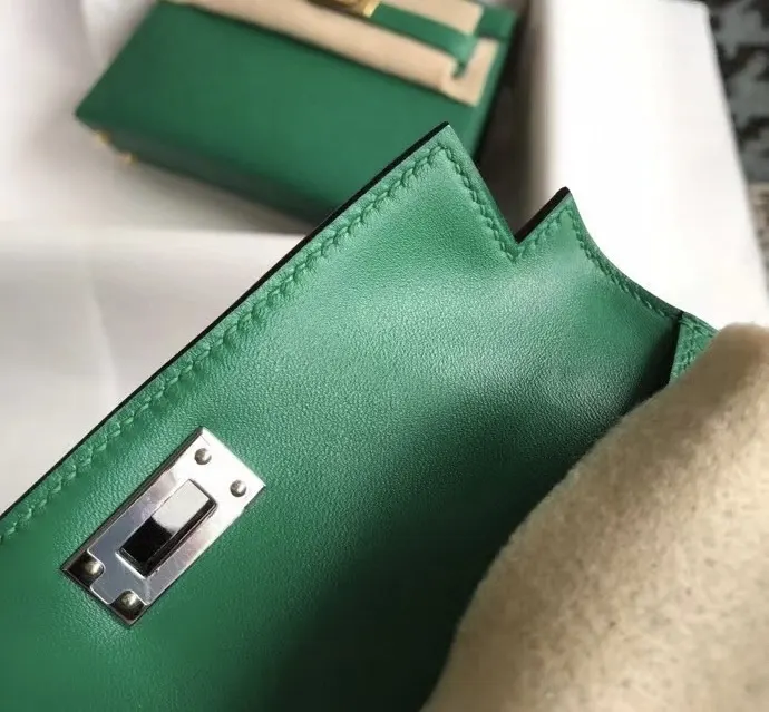 Hermès 迷你皮革手提包 翡翠绿金扣