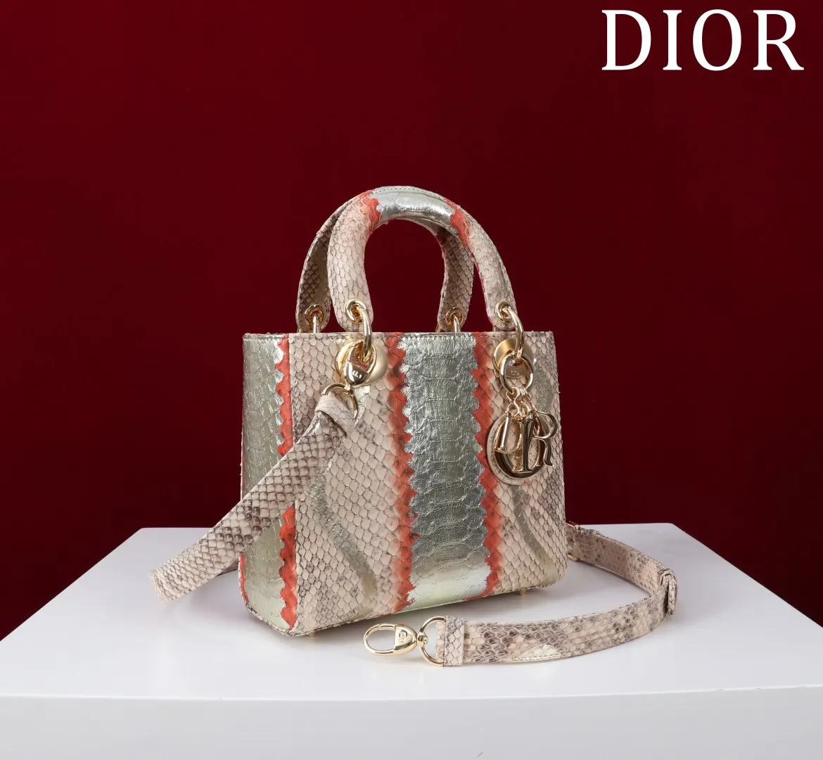 Dior Lady Dior 米白色藤格纹手提斜挎包 条纹款