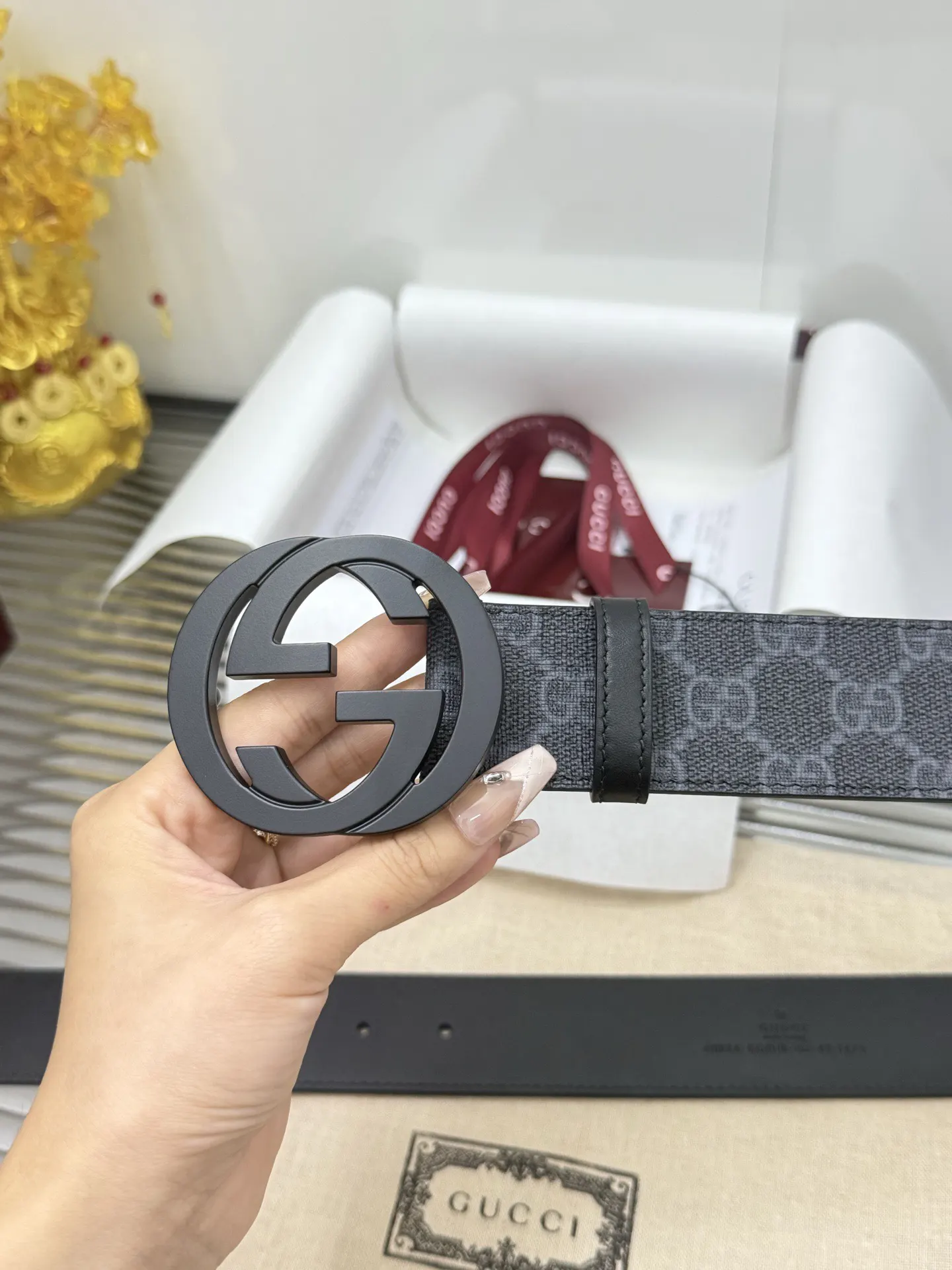 Gucci Double G 皮革腰帶 黑色