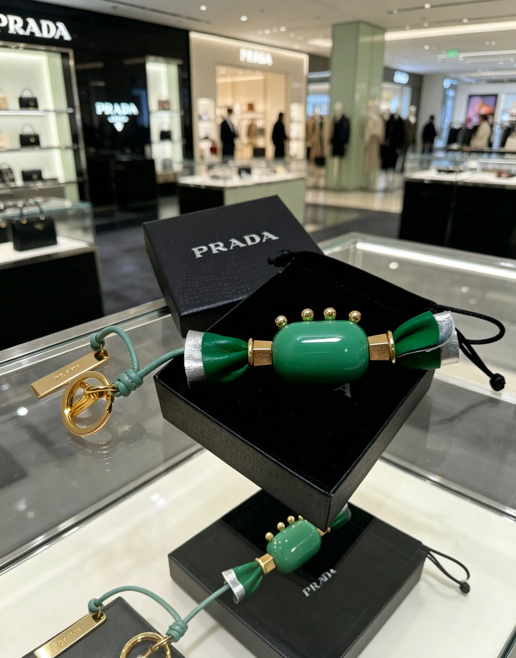 Prada Green Leather Triangle Logo Bag Charm / Keychain