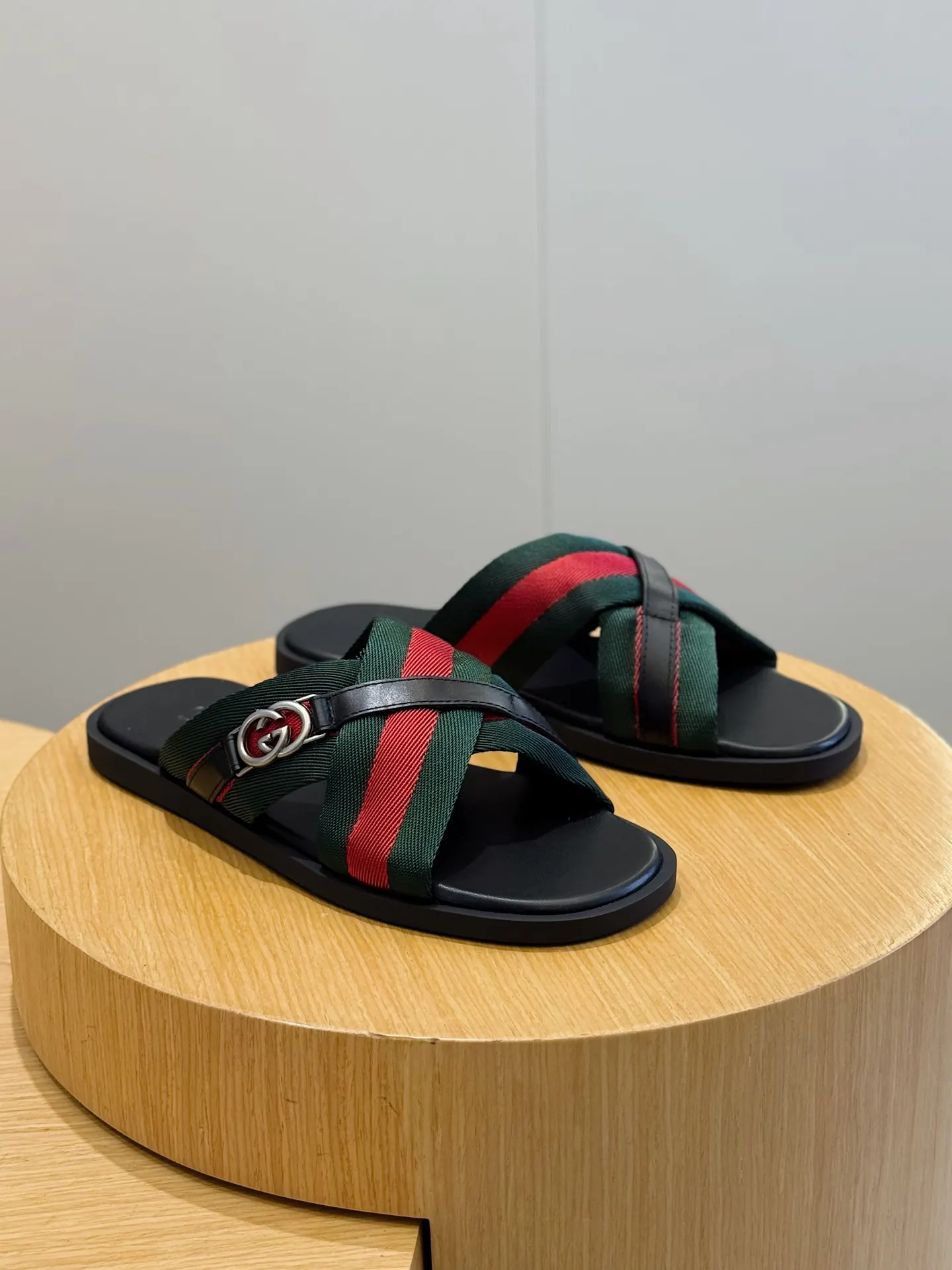 Gucci Web Stripe Cross Strap Slides In Black Red And Green