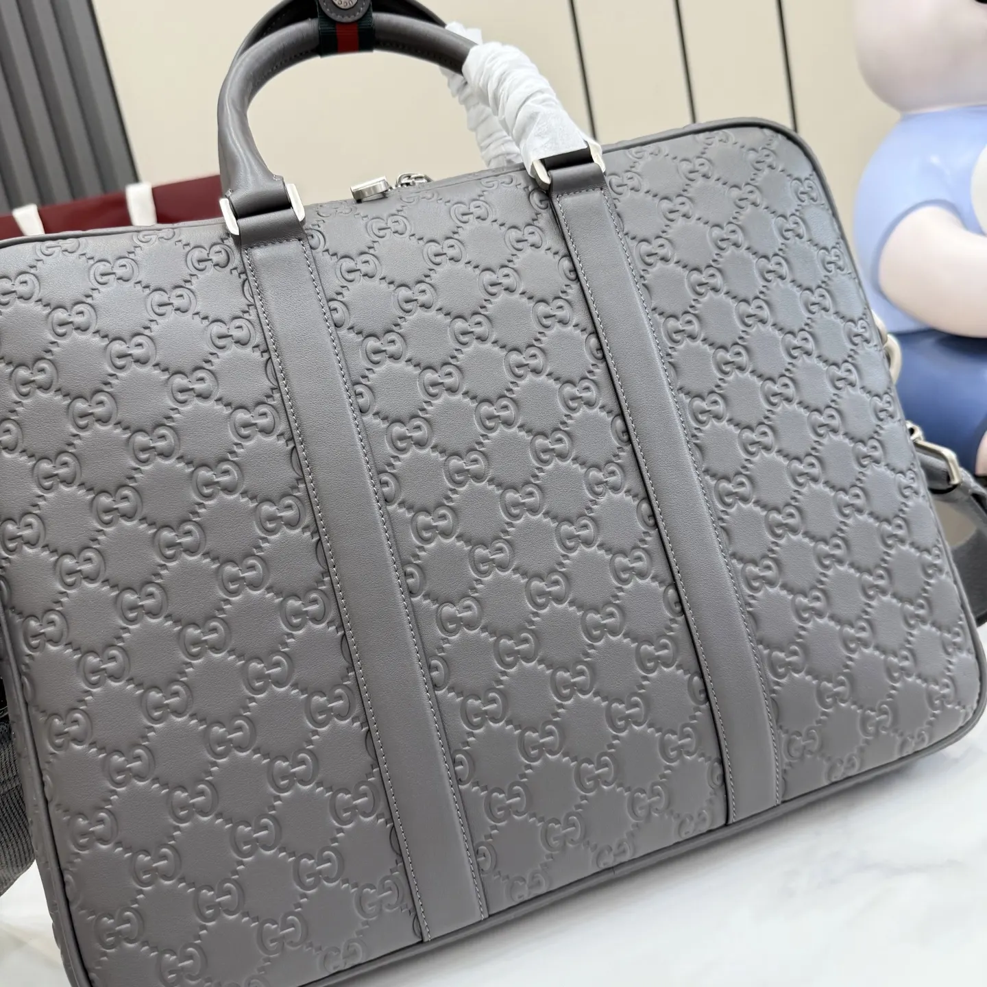 Gucci GG Emblem 灰色 米色 帆布 公文包 商務通勤款