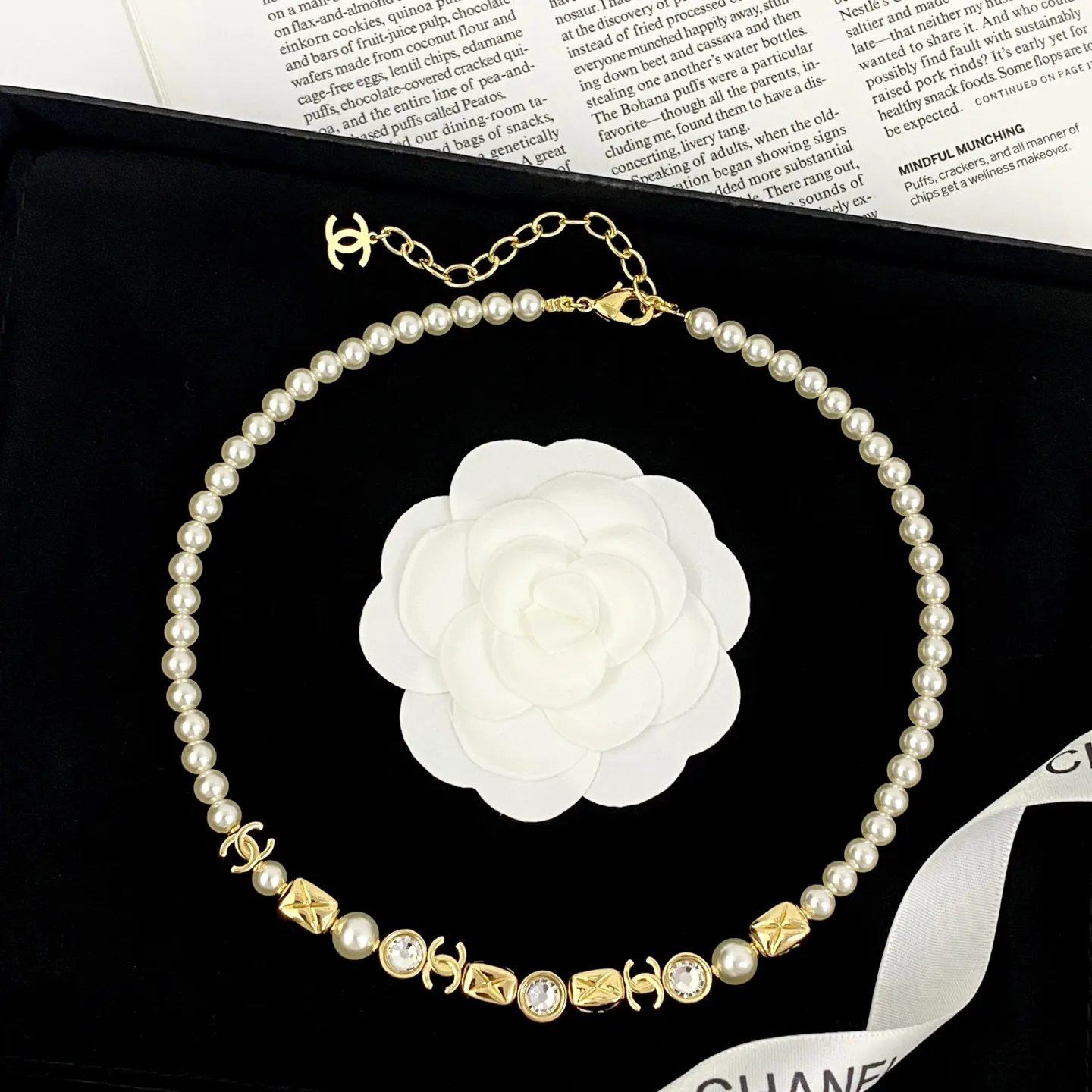 Chanel 金色 珍珠 双C 链条 项链 精致锁骨链