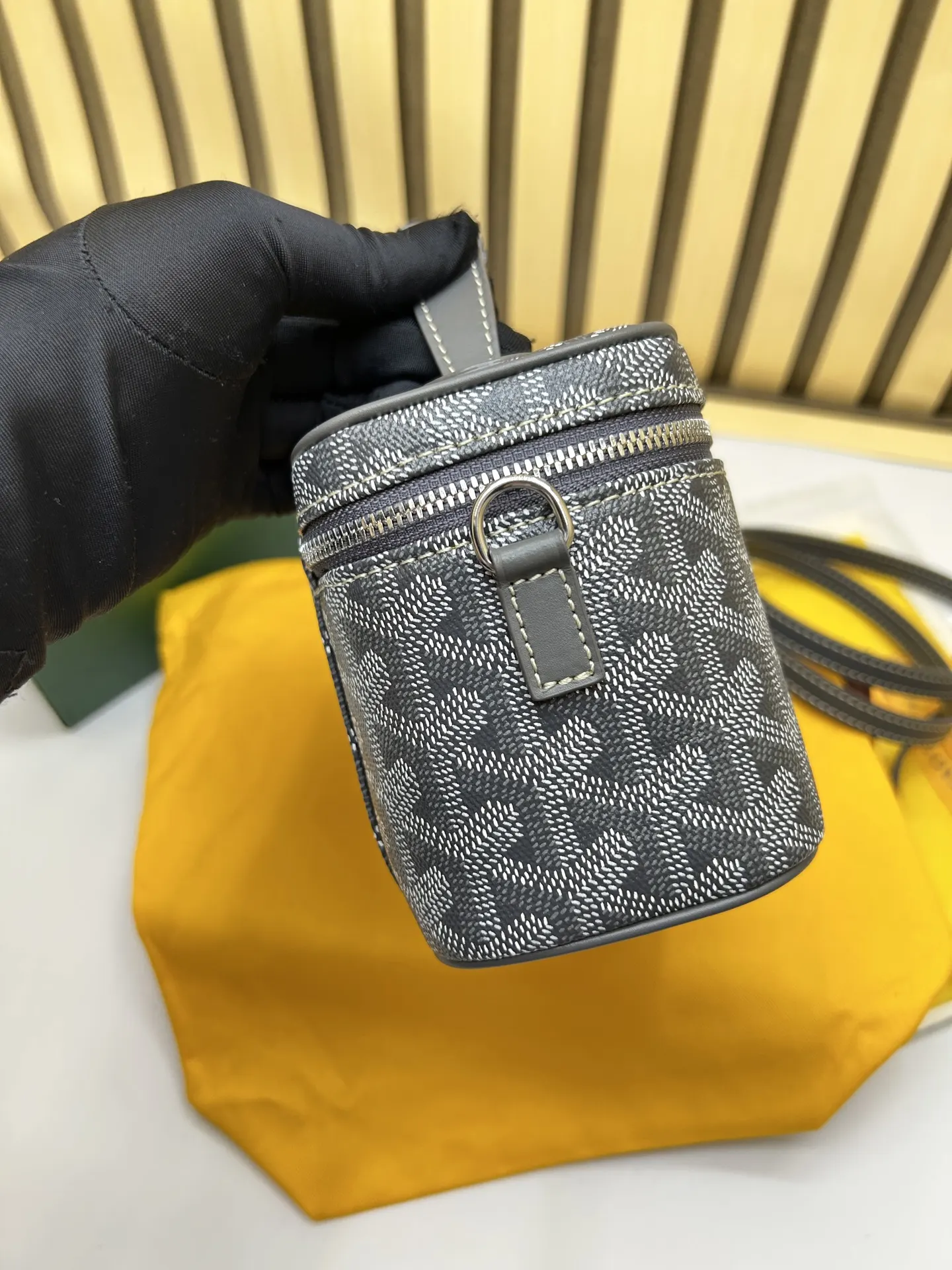 Gray Yellow Cosmetic Pouch Leather