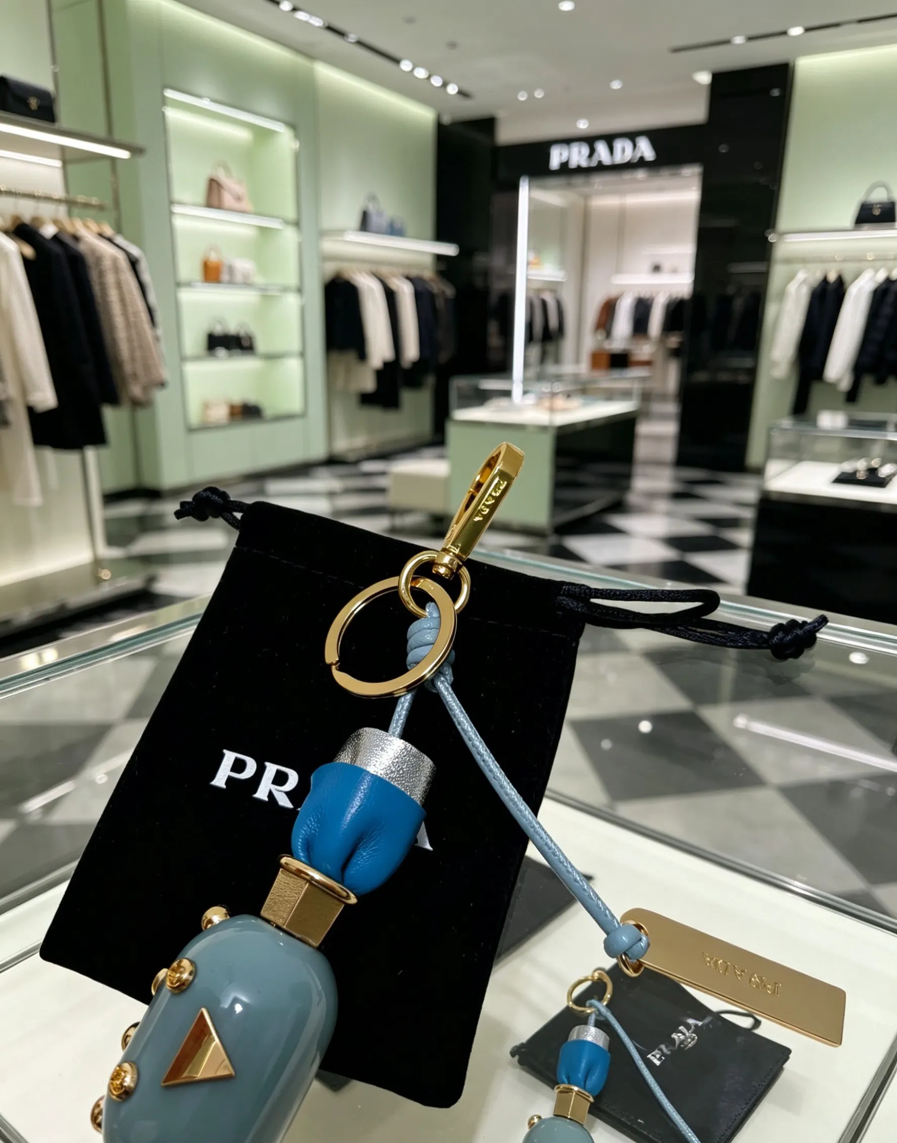 PRADA 蓝色 羊皮 三角标 包包挂饰 包袋点缀款