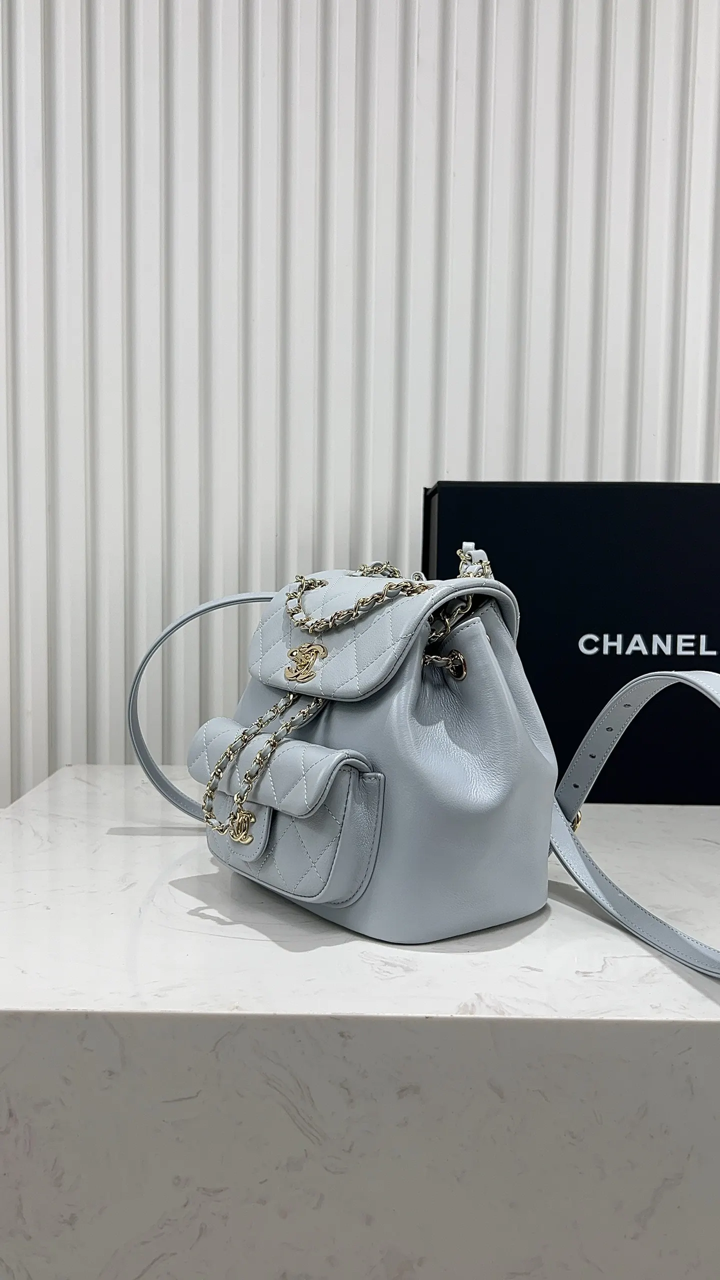 CHANEL 藍色 小牛皮 雙肩包 实用雙肩款