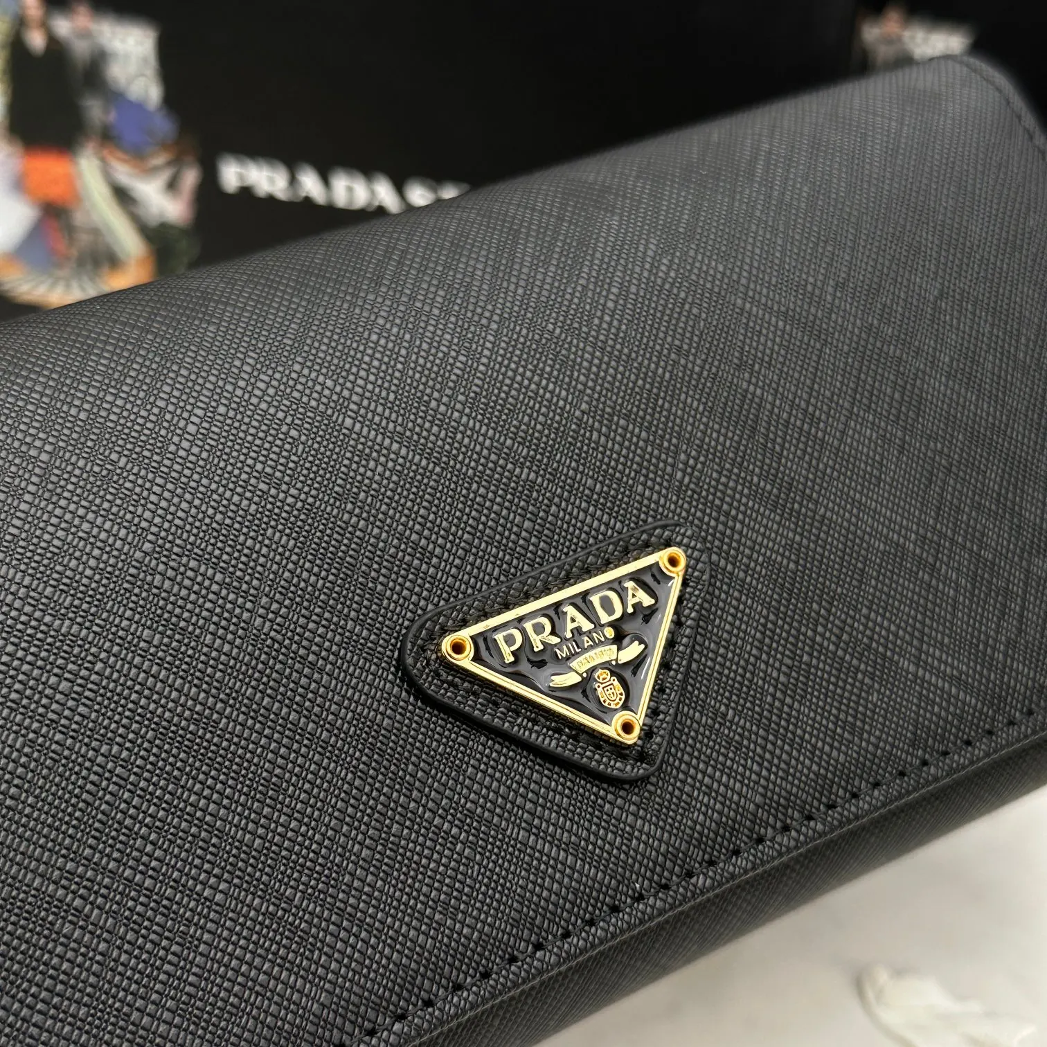 Prada Saffiano Black Leather Triangle Logo Wallet