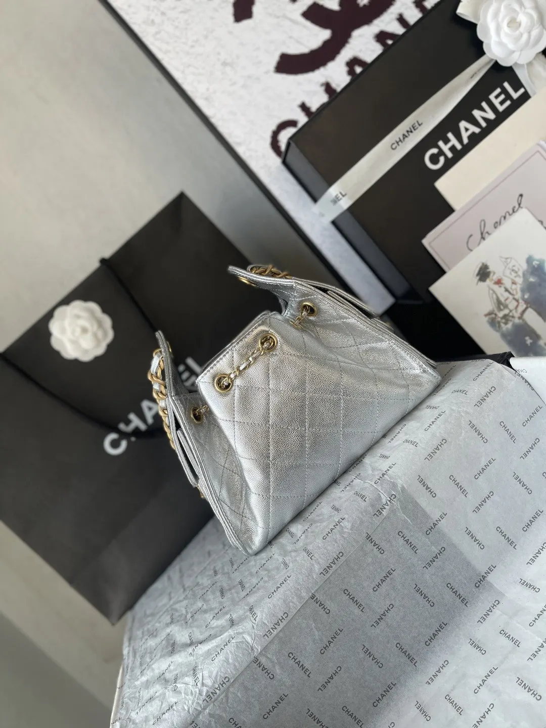 CHANEL 白色 银色 小牛皮 腋下包 复古腋下背款