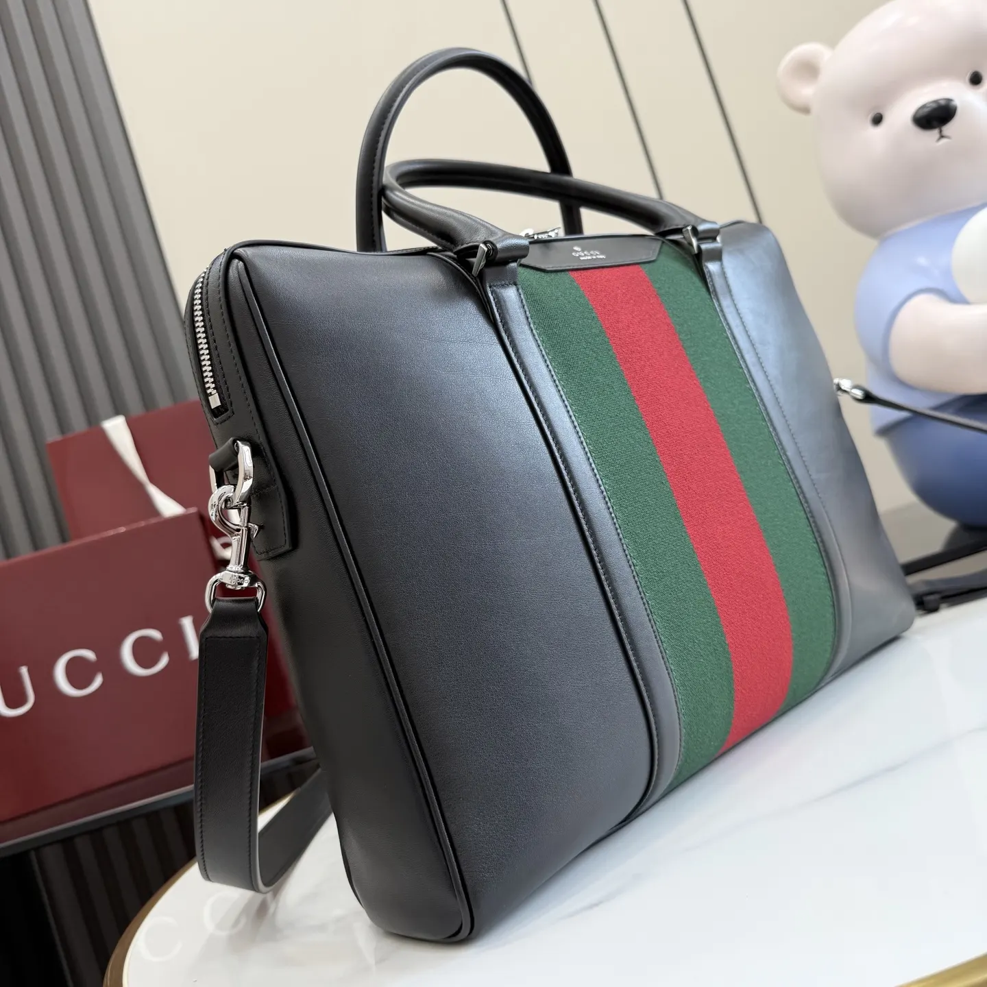 Gucci Black Silver Briefcase Business Commuter Leather