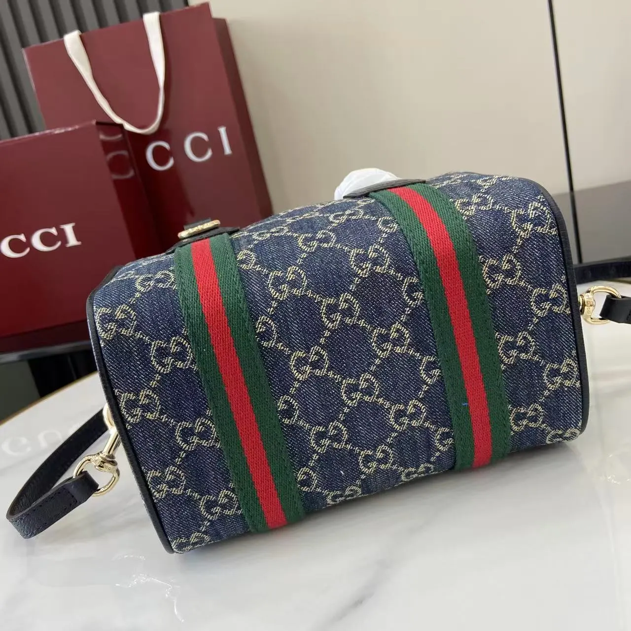 Gucci 棕色 蓝色 丹宁 旅行包 大容量旅行款