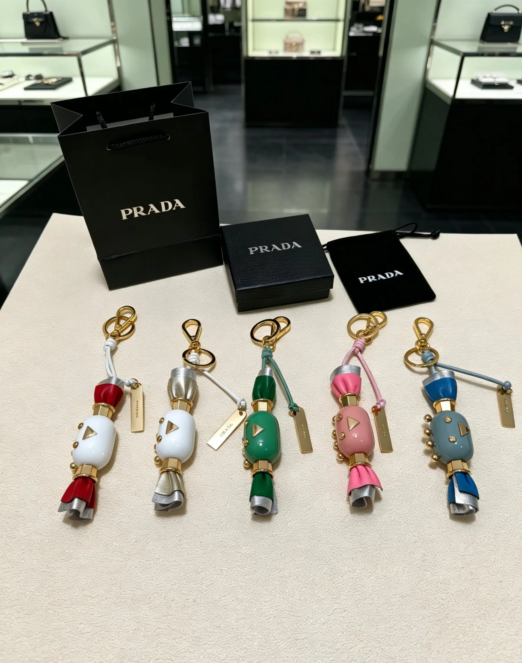 PRADA 蓝色 羊皮 三角标 包包挂饰 包袋点缀款