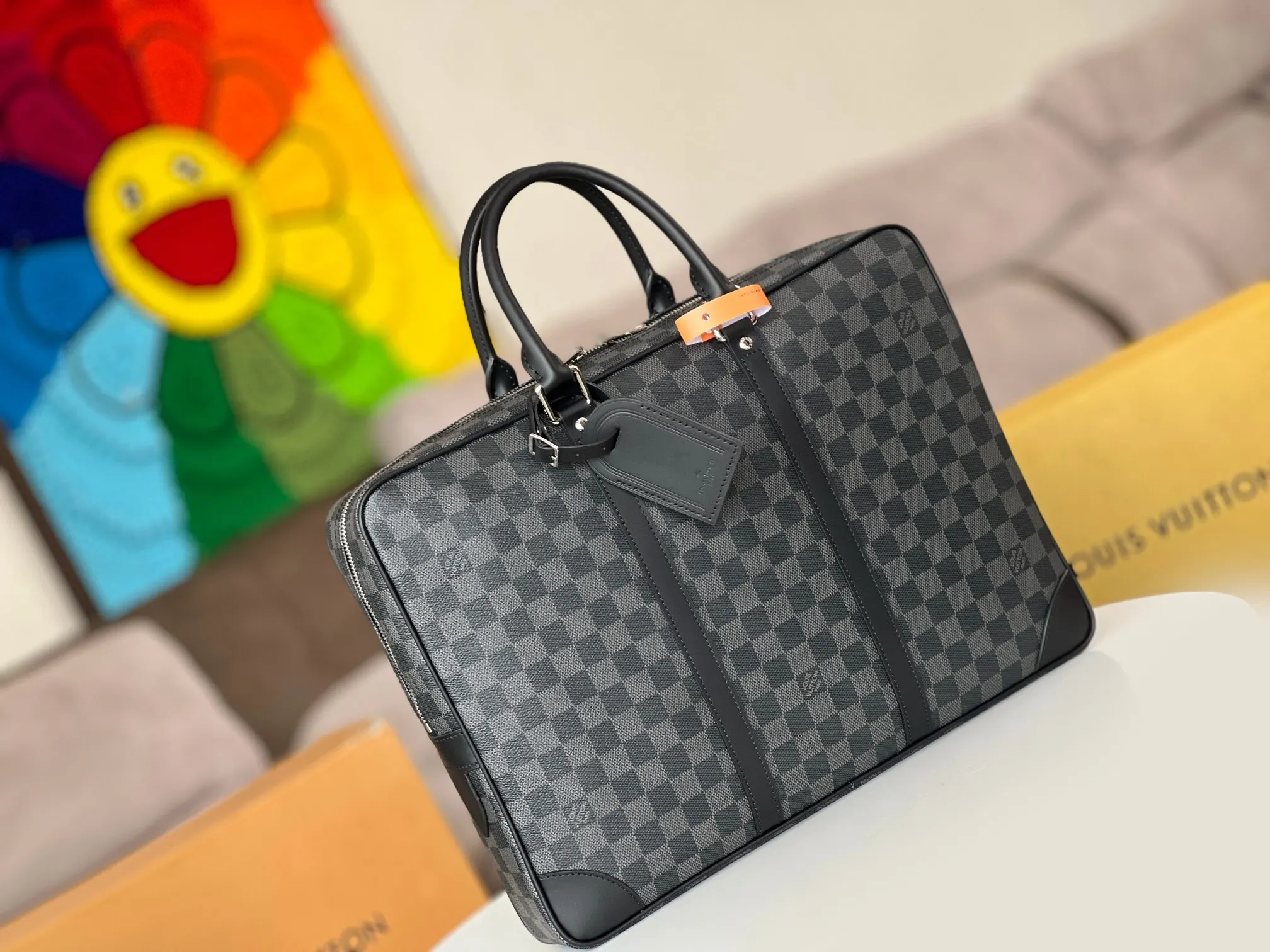 帆布 时尚的damier ebène帆布材质 光滑的皮质佩 公文包 商务通勤款