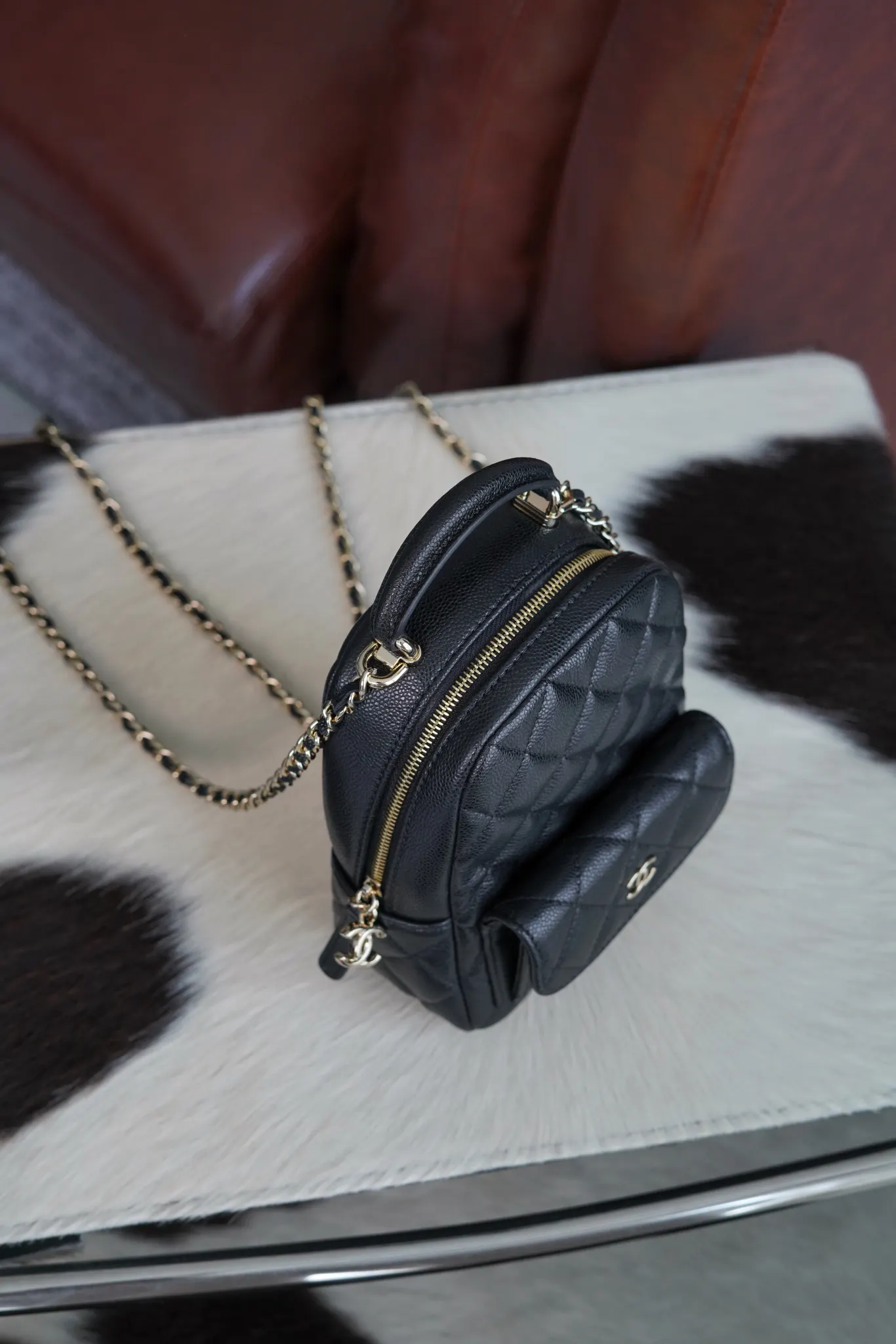 CHANEL 金色 小牛皮 雙肩包 实用雙肩款