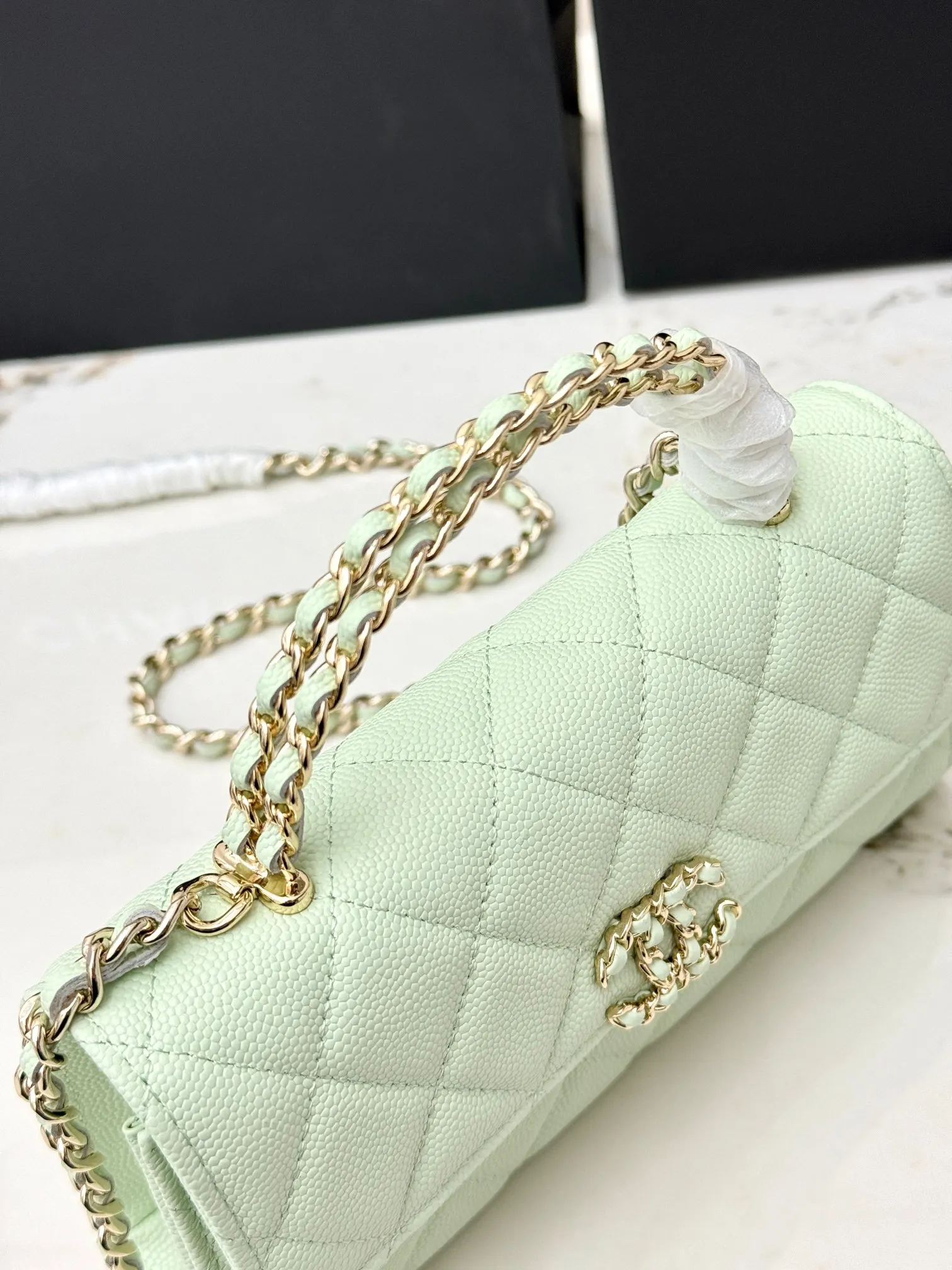 Chanel 浅绿色牛皮Kelly手提包 金链斜挎