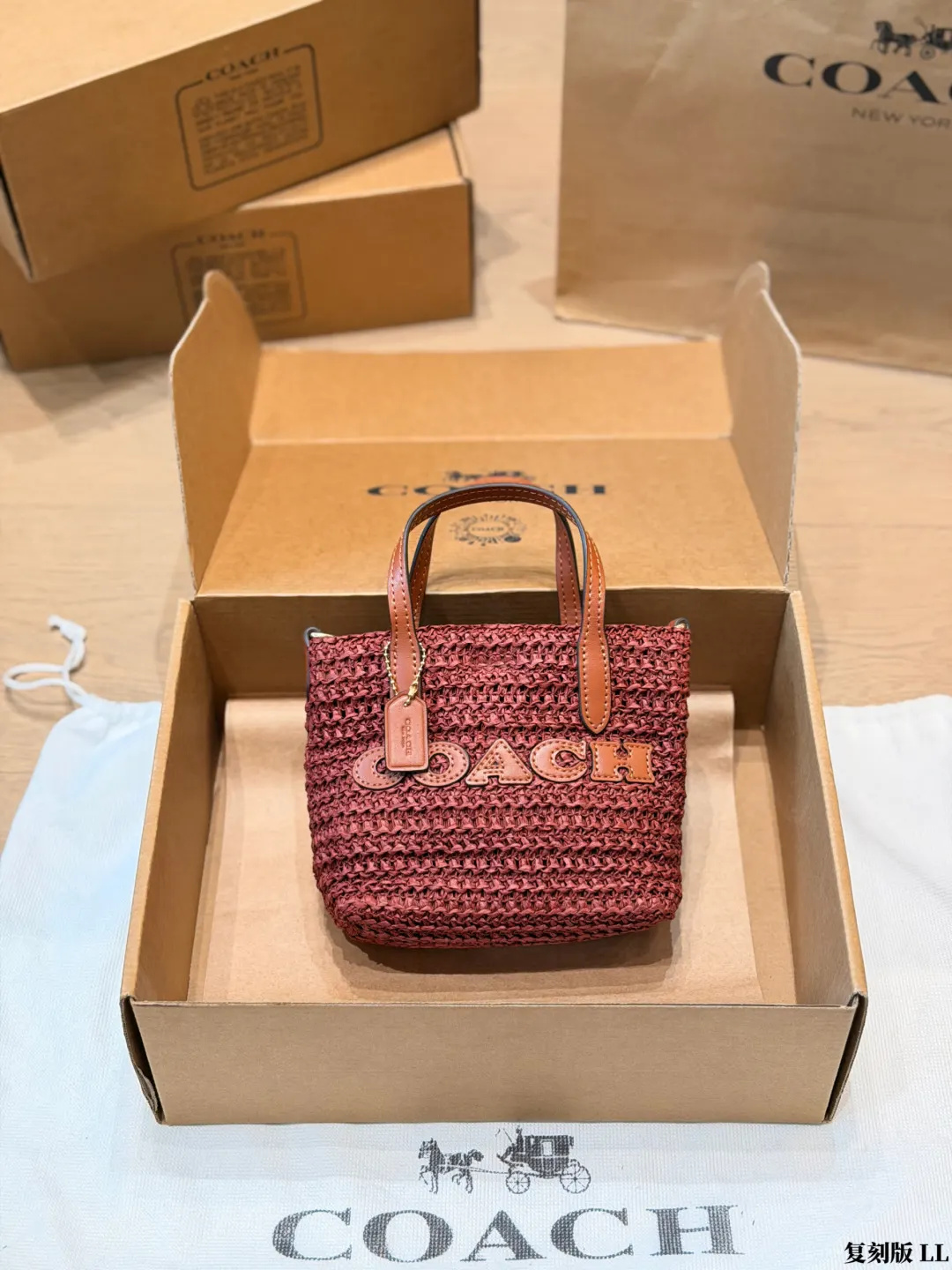 Coach 棕色 紅色 皮革 托特包 大容量托特款