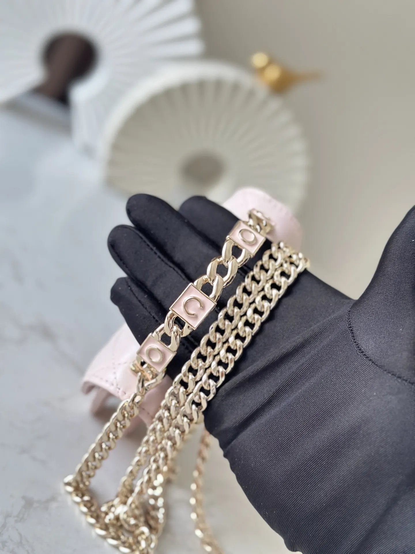 Pink Gold Chain Bag Leather