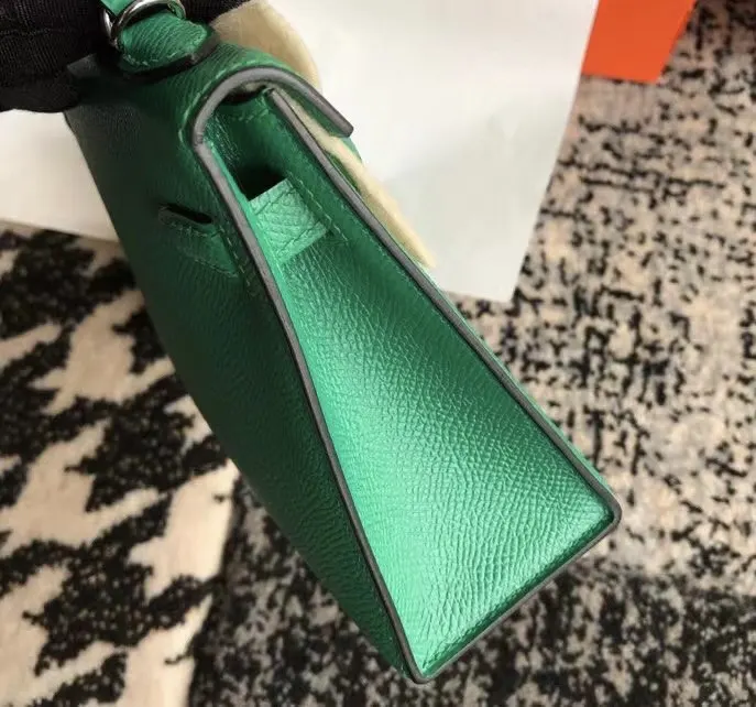 Hermès 迷你皮革手提包 翡翠绿金扣