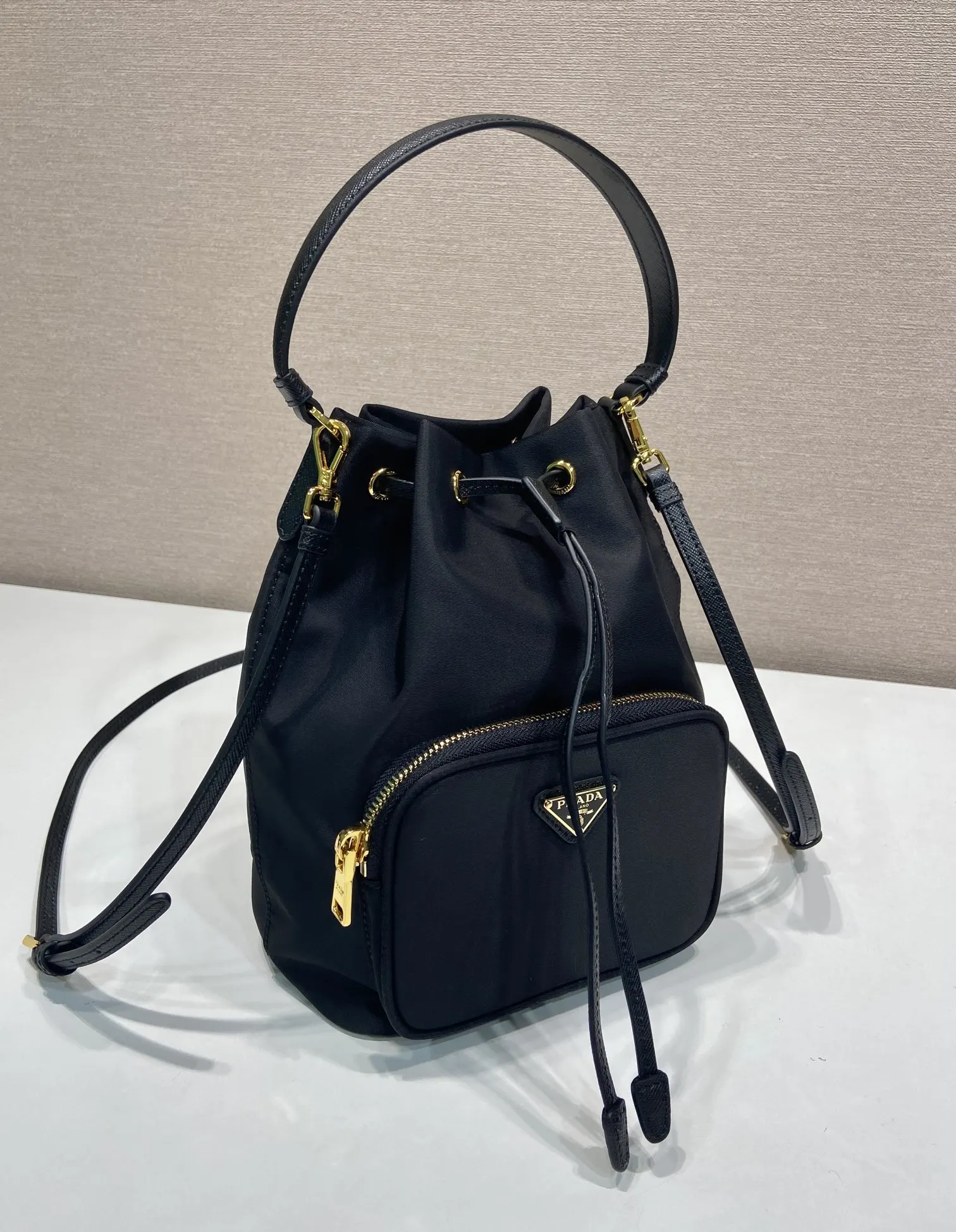 Prada Re-Nylon Leather Saffiano Bucket Bag