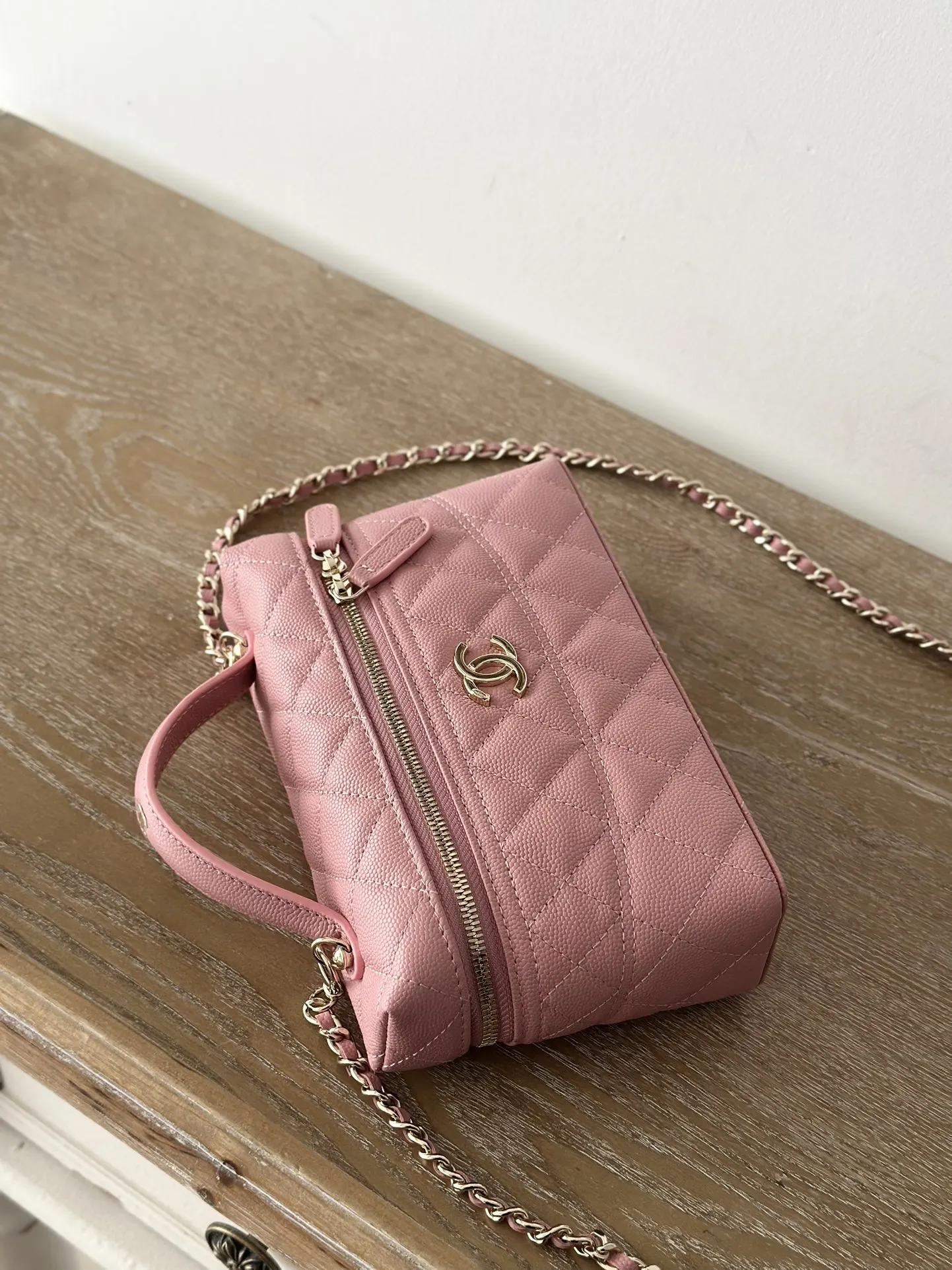 Pink Gold Chain Bag Leather