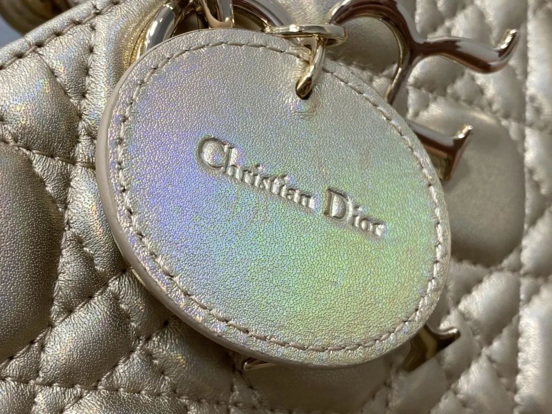 Dior 羊皮 进口 羊皮 内里采用 真羊皮绒横款戴妃包香槟金大 手提包 通勤手提款