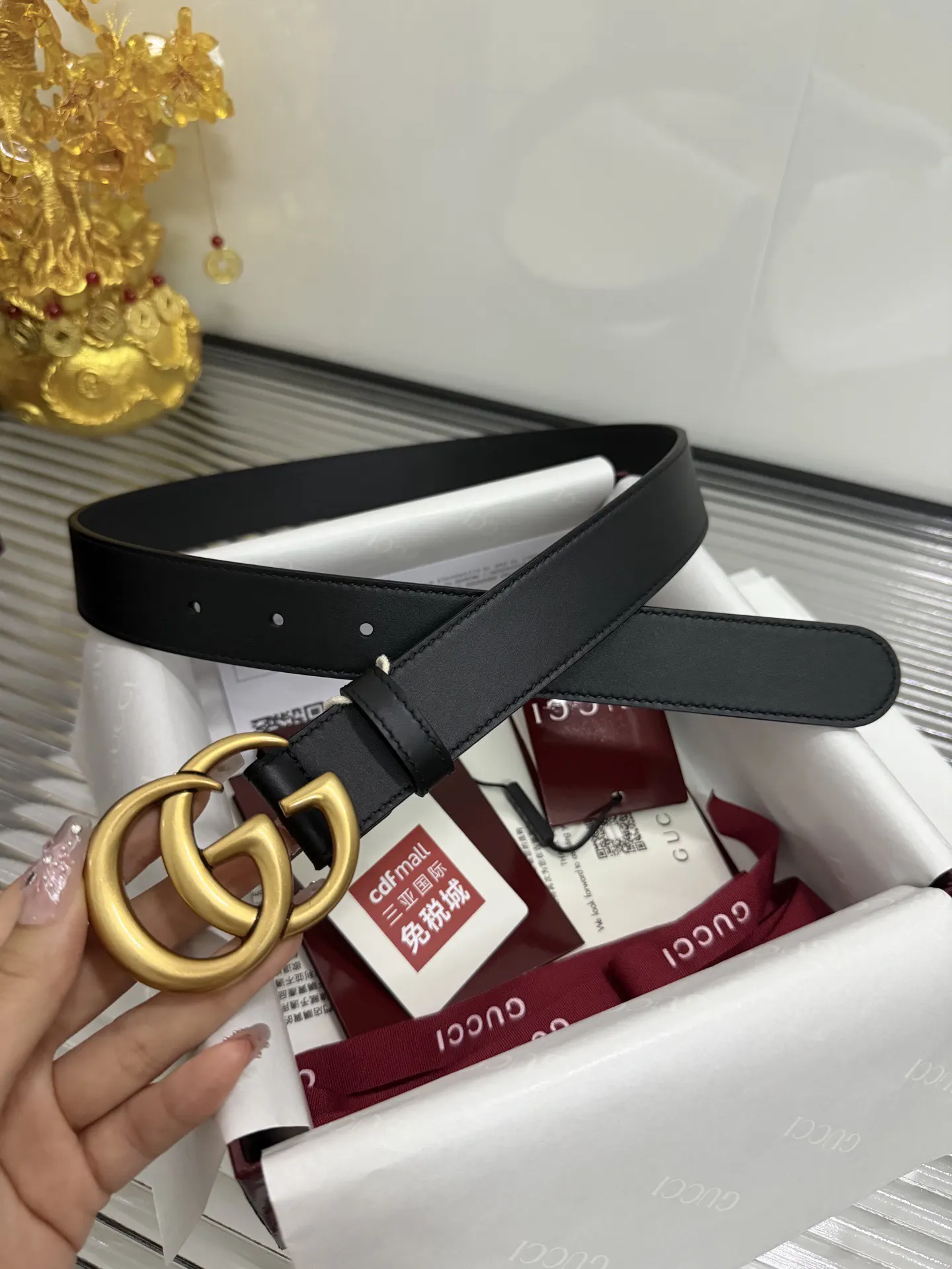 Gucci Double G 棕色 皮革 腰带