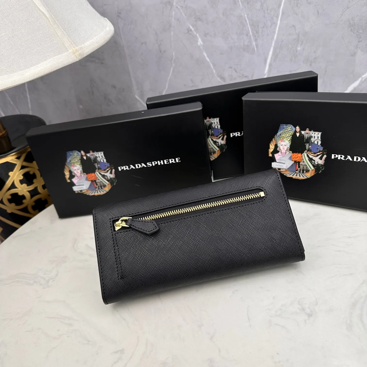 Prada Saffiano Black Leather Triangle Logo Wallet
