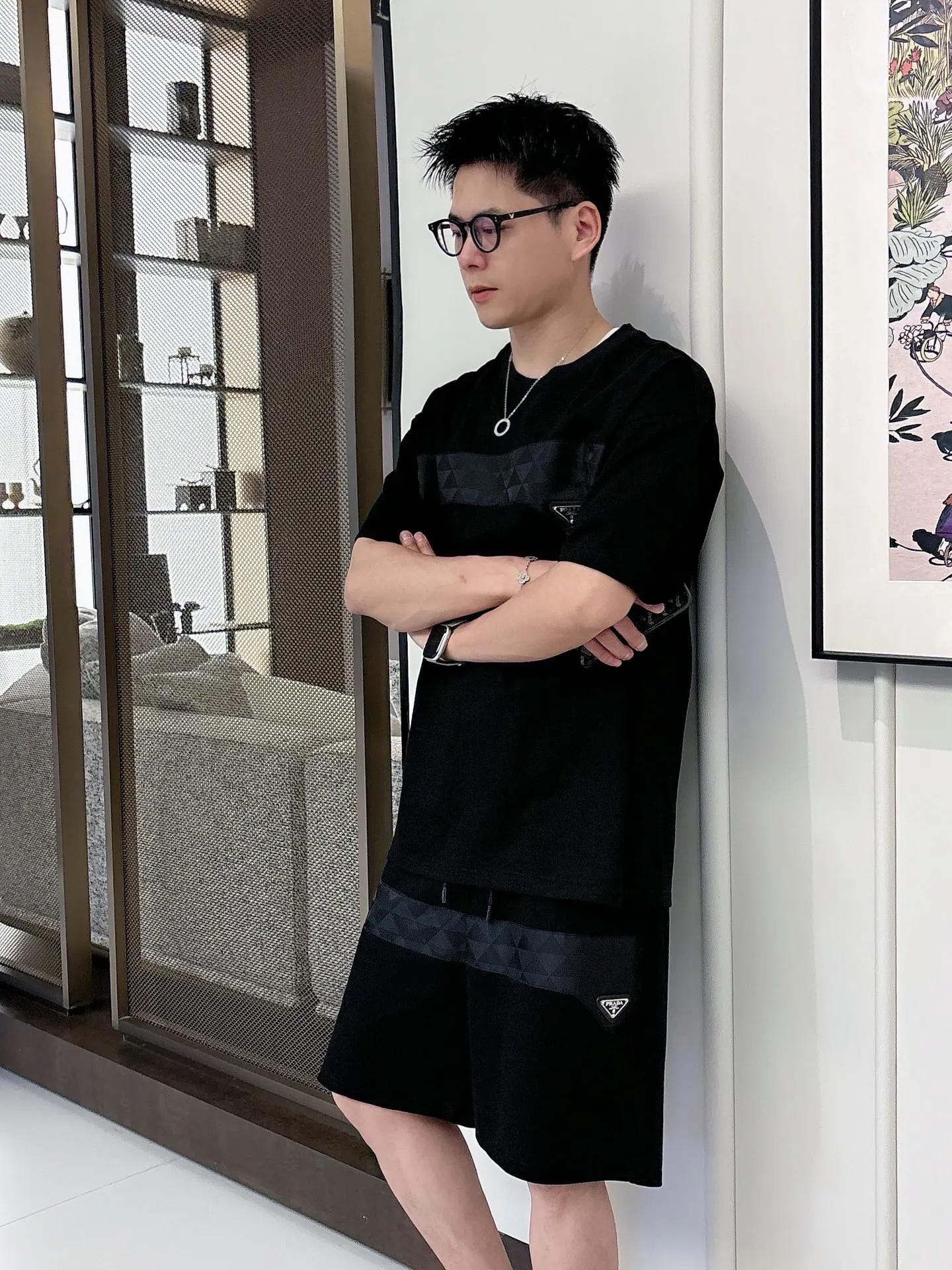 Prada Triangle Logo Horizontal Panel T-Shirt In Black