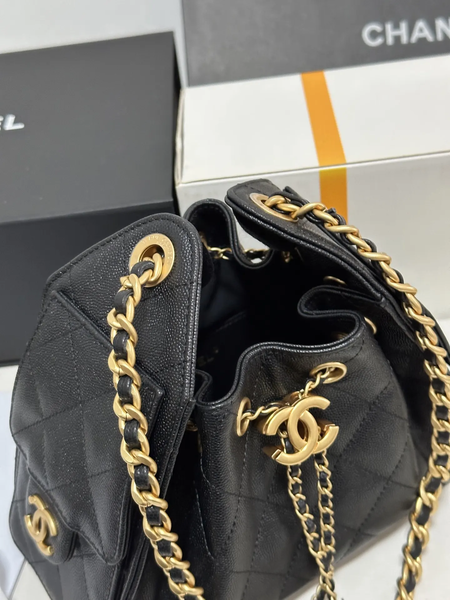 Chanel Black White Hobo Shoulder Bag Vintage Leather