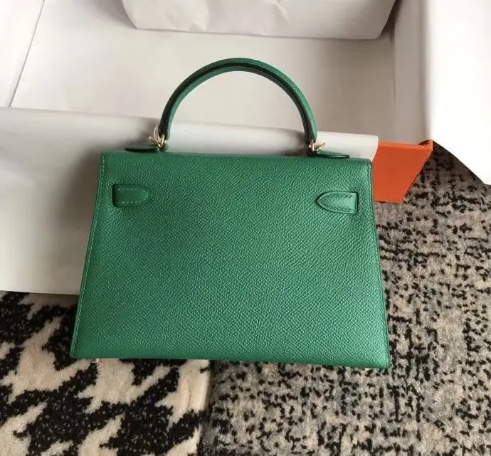 Hermès 迷你皮革手提包 翡翠绿金扣
