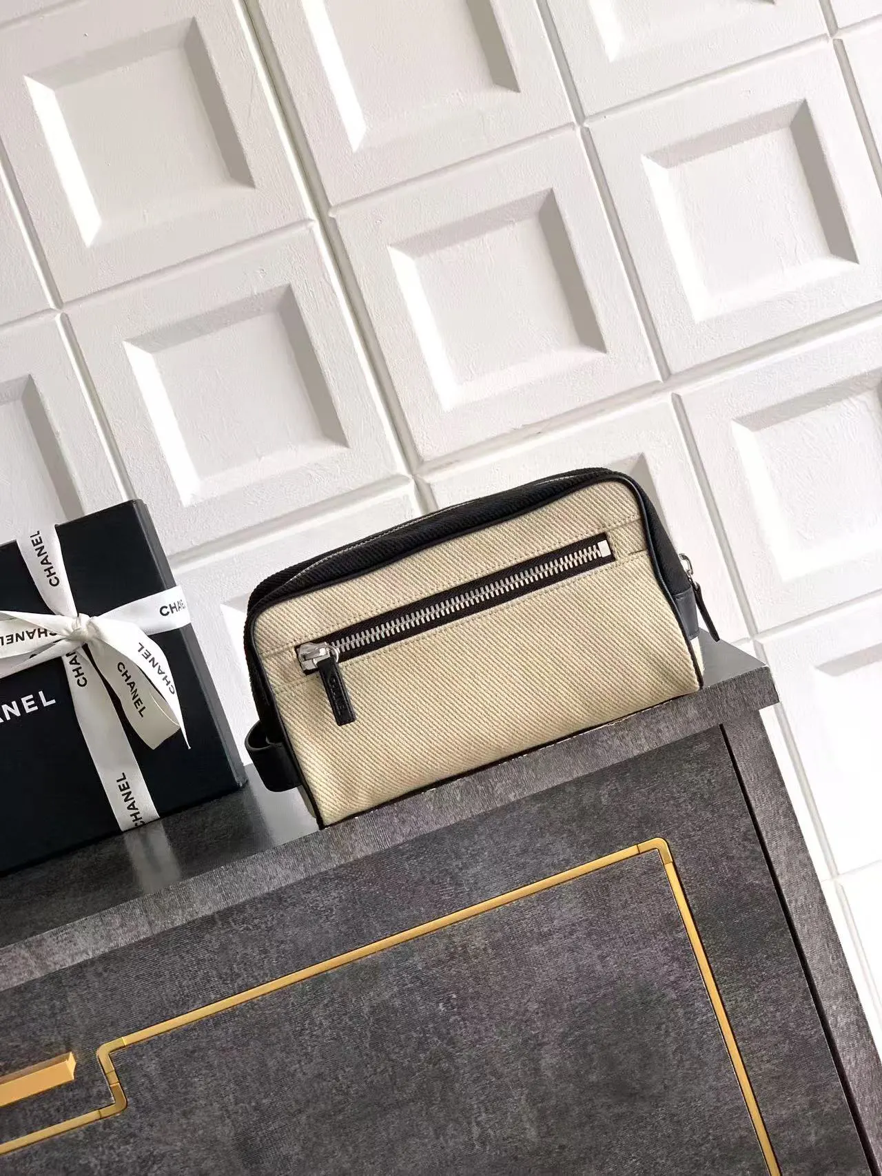 Chanel Black Beige Hobo Shoulder Bag Vintage Canvas