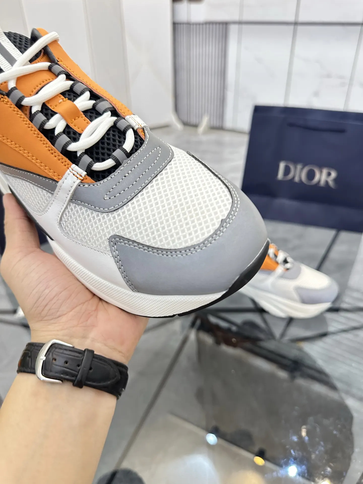 Dior B22 白橙拼色牛皮休闲鞋 亮色款