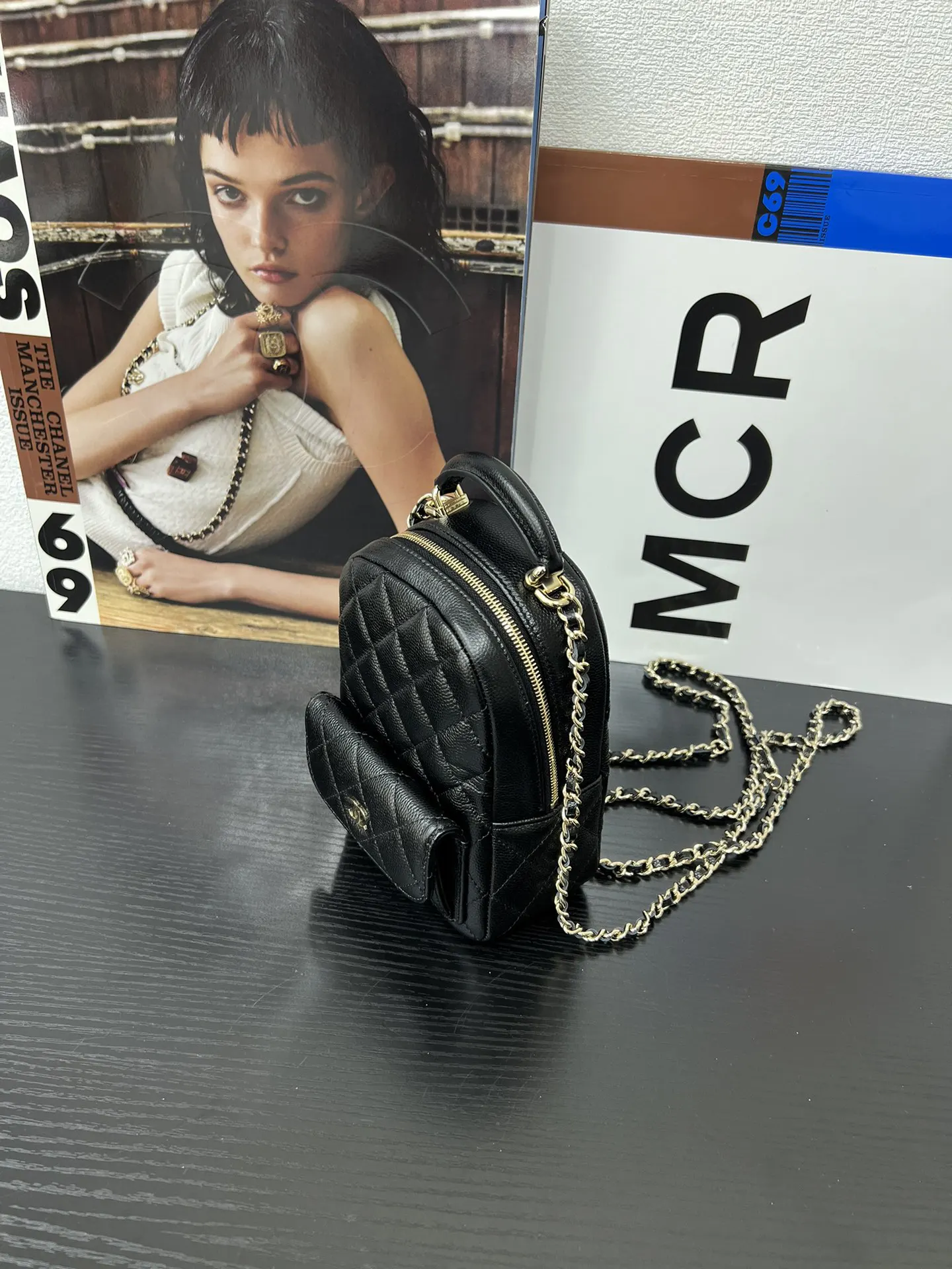 Chanel 黑色牛皮鏈條雙肩包 復古通勤
