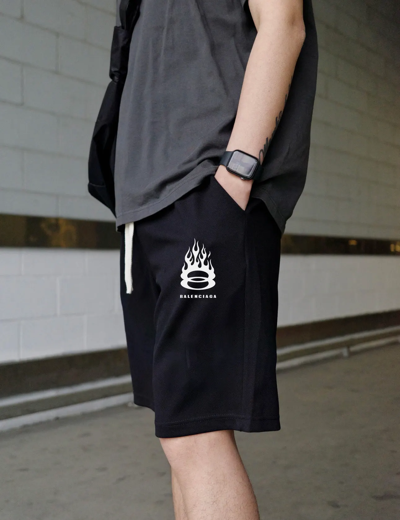 Balenciaga Black Cotton Logo Shorts Loose