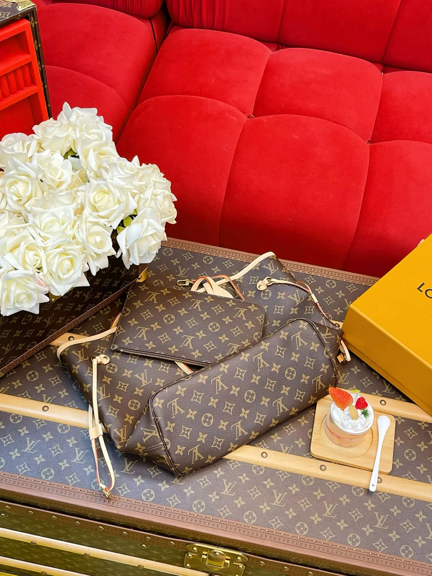 Neverfull 老花 杏色 牛皮 托特包 大容量托特款