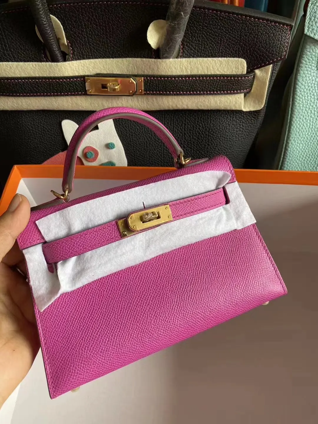 Hermès 迷你皮革手提包 玫红金扣