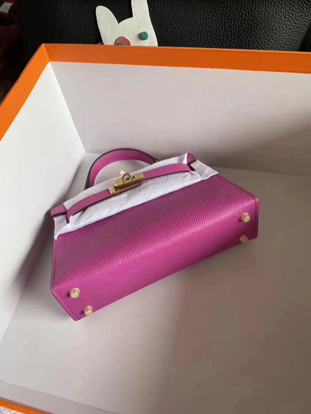 Hermès 迷你皮革手提包 玫红金扣