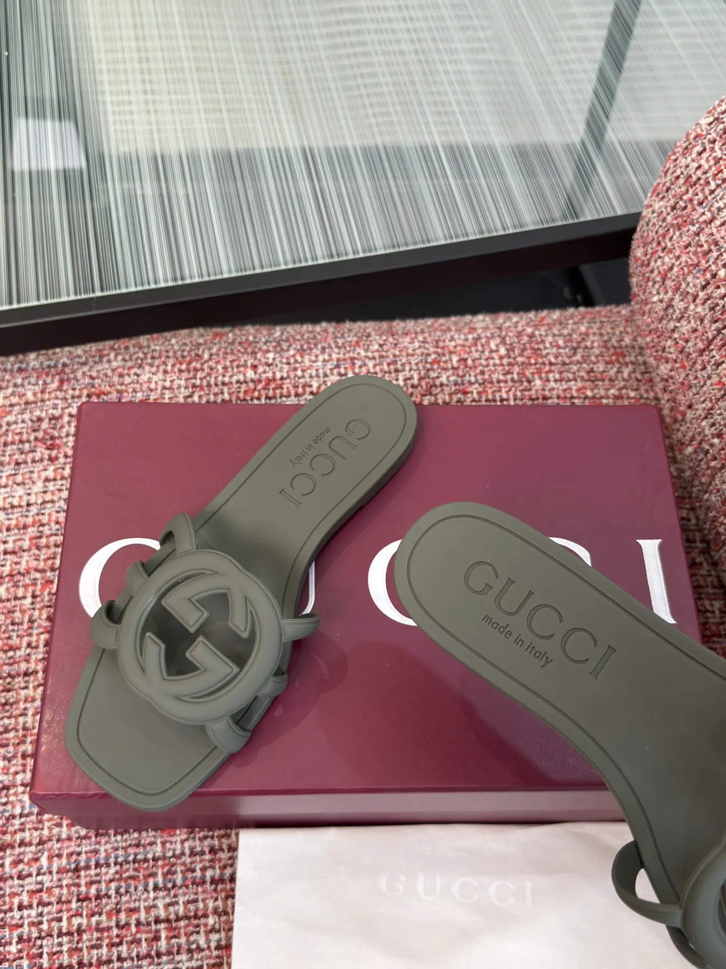 Gucci Interlocking G 灰绿色凉拖 休闲 运动鞋