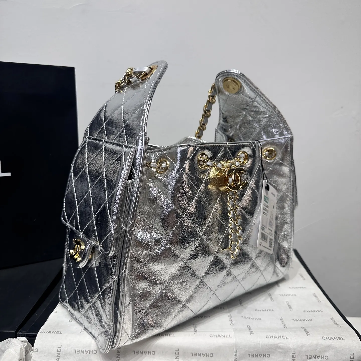 CHANEL Hobo 爆裂銀皮 浅金 皮嘻哈包 腋下包 復古腋下背款