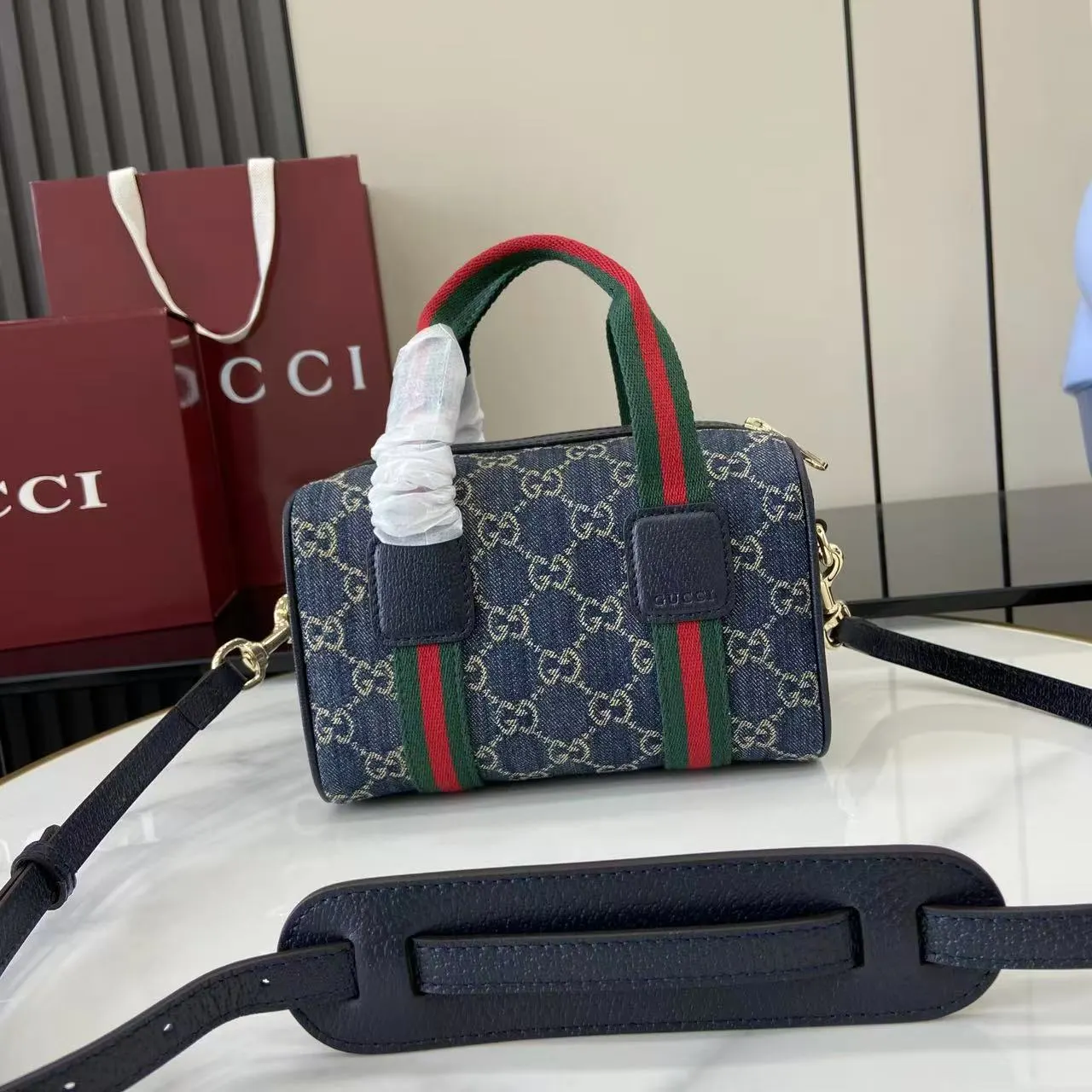 Gucci 棕色 蓝色 丹宁 旅行包 大容量旅行款