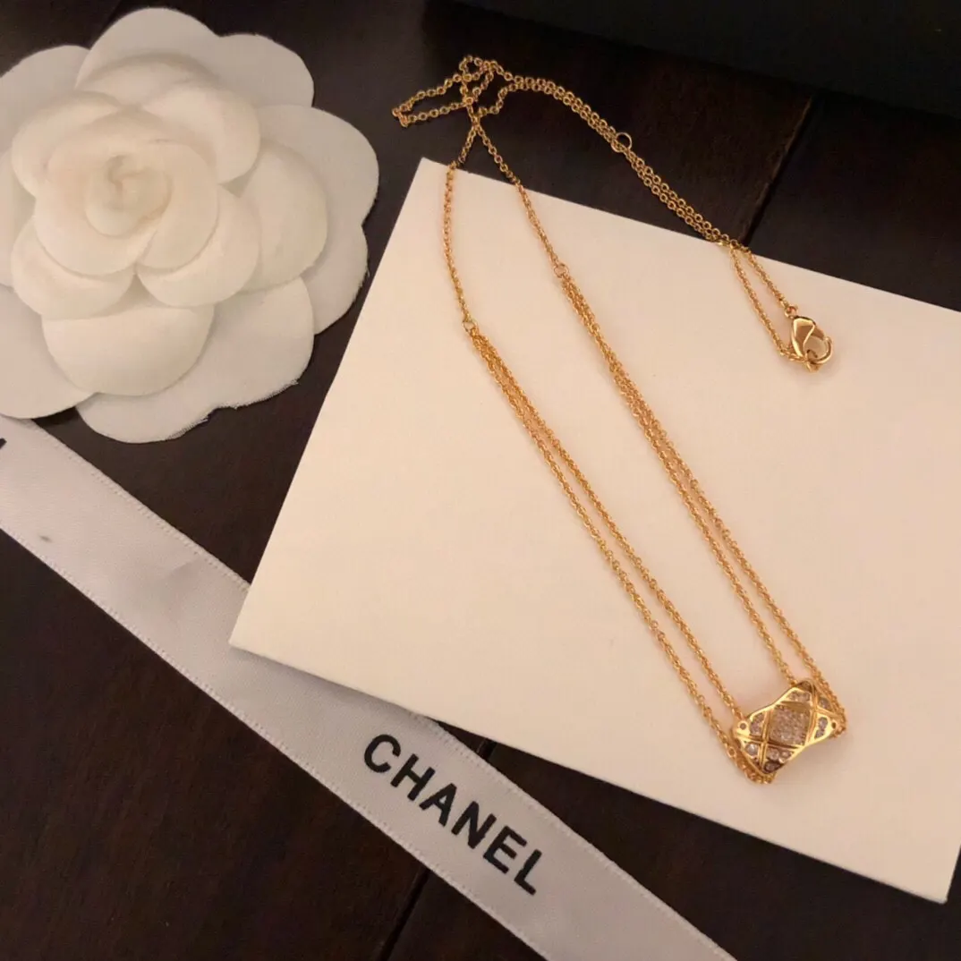 Chanel 玫瑰金 金色 满钻 格纹 项链 精致锁骨链