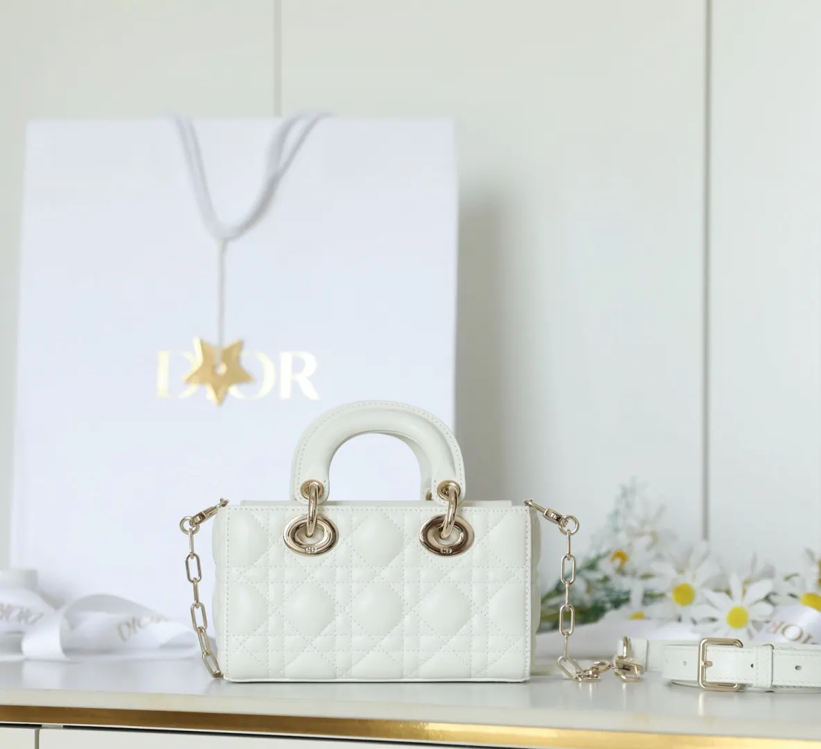 Dior Lady Dior Small White Leather Handbag