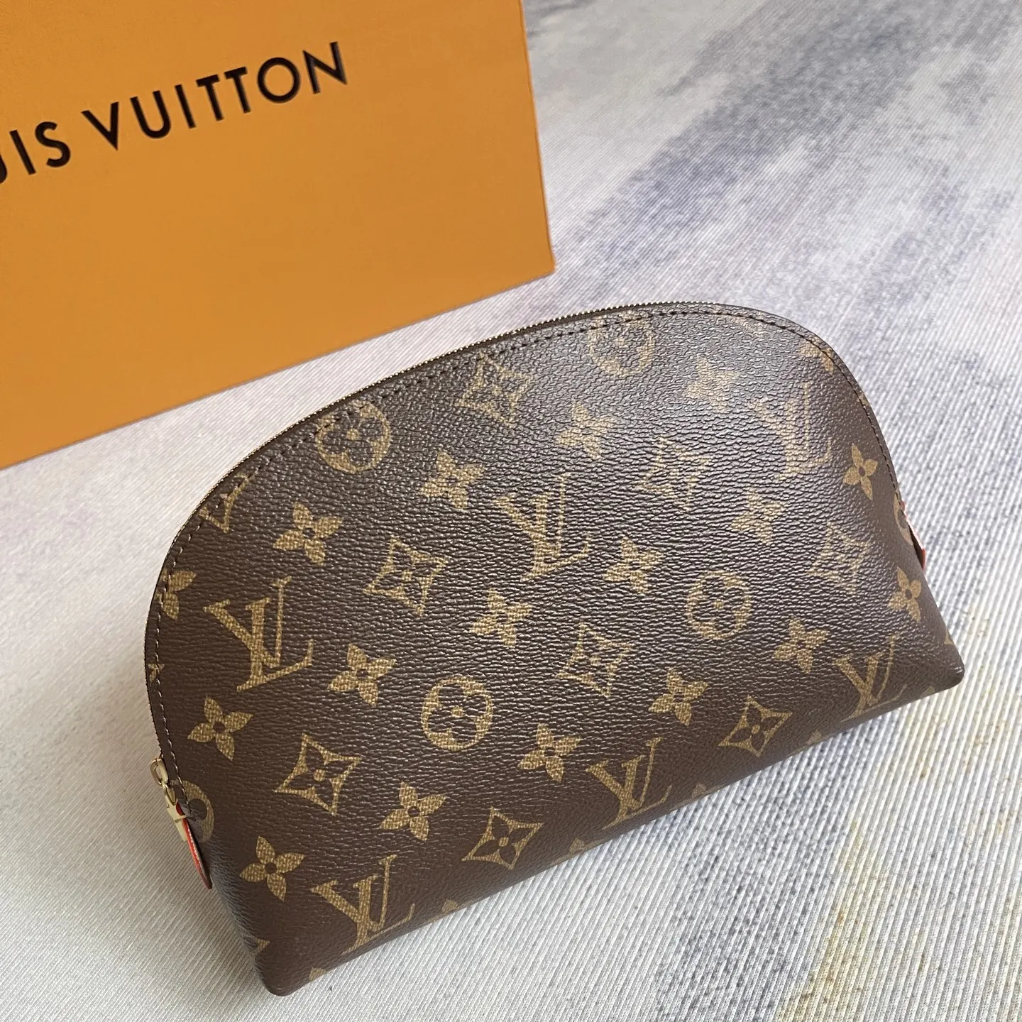 Gold Monogram Cosmetic Pouch Leather