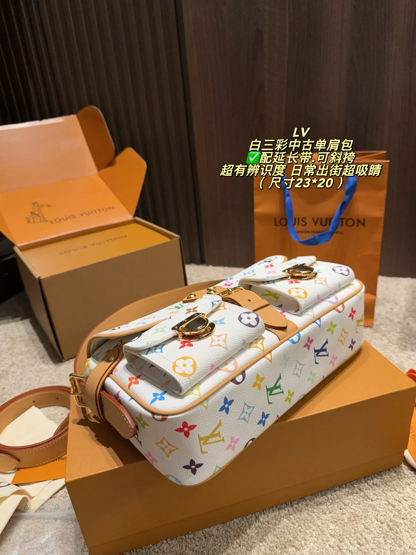 白色 帆布 双盒 尺寸 白三彩中古单肩包是腋下包 复古腋下背款
