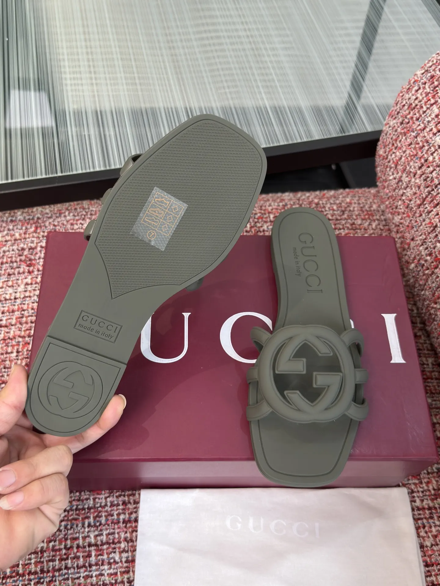 Gucci Interlocking G 灰绿色凉拖 休闲 运动鞋