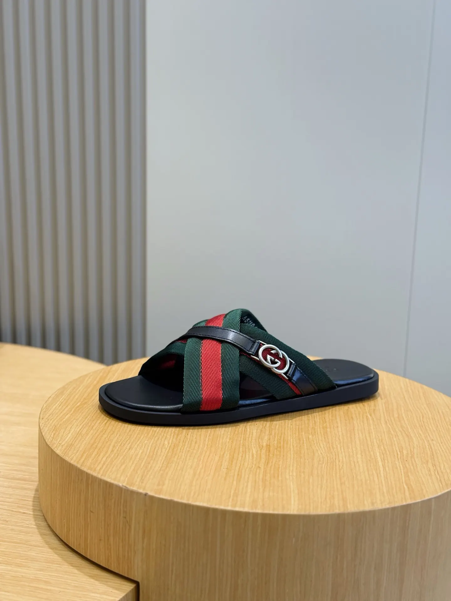 Gucci Web Stripe Cross Strap Slides In Black Red And Green