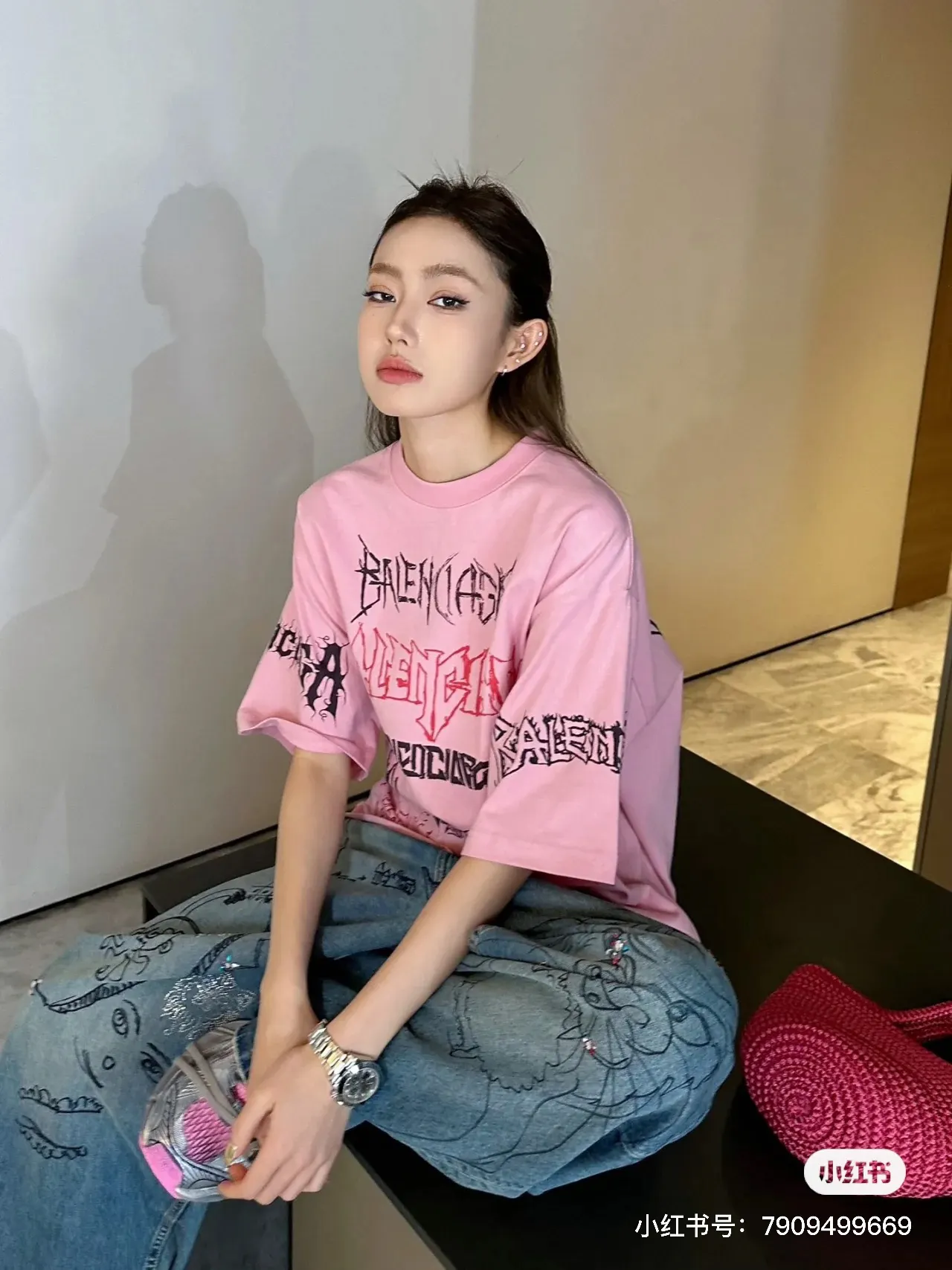 Balenciaga 粉色 Logo 印花 短袖T恤 街头休闲款
