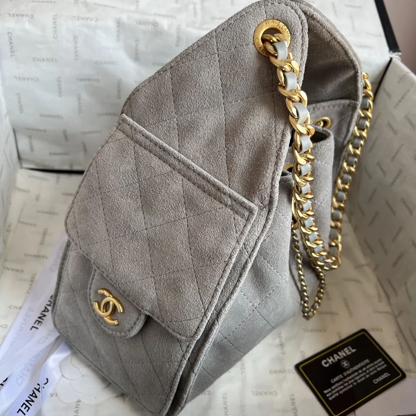 CHANEL 牛皮 升级 中号 磨砂牛皮水桶包鏈條腋下單肩包 腋下包 復古腋下背款