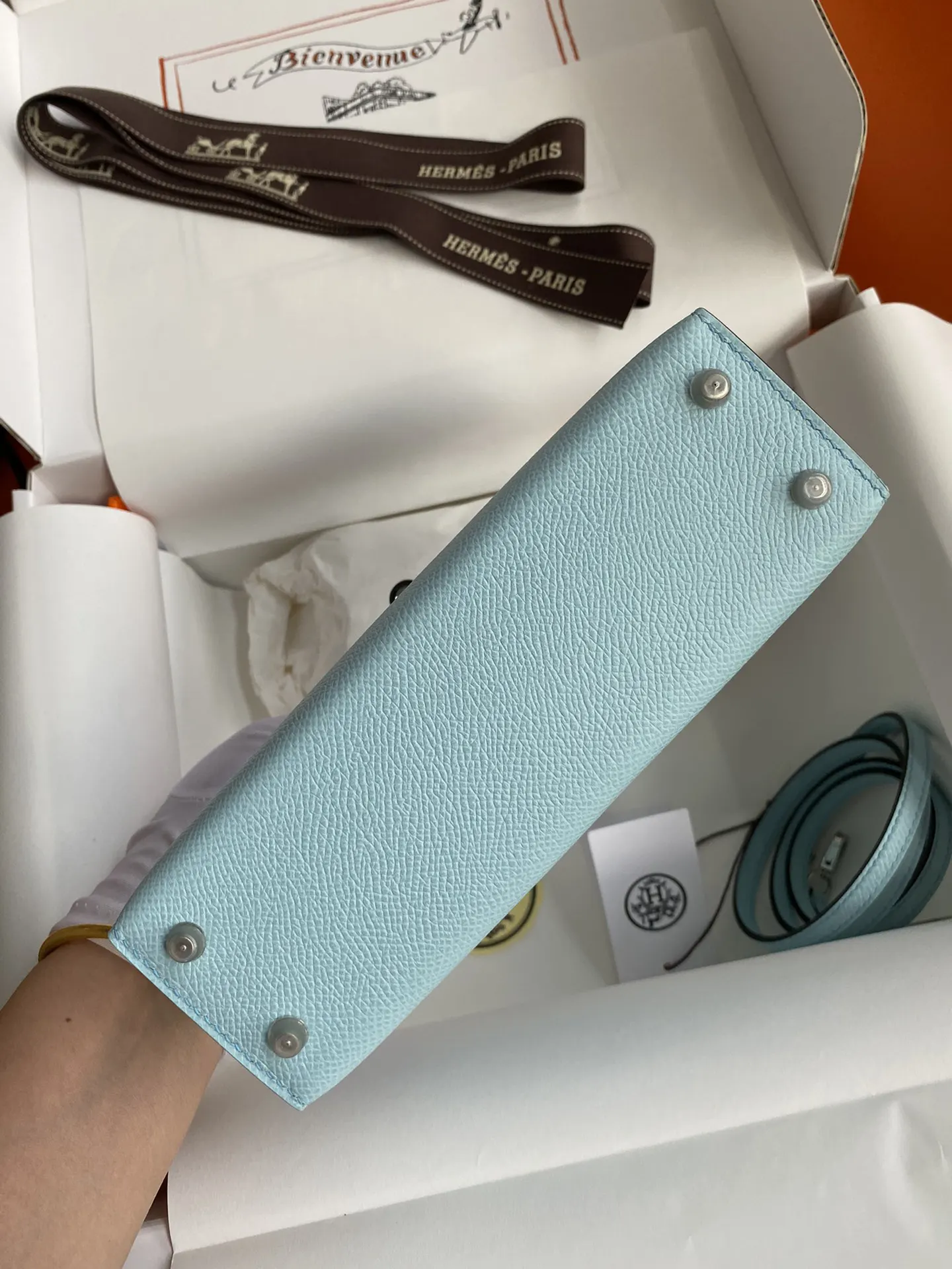 Kelly 二代Mini Epsom皮 微风蓝 银扣 手提包 通勤手提款