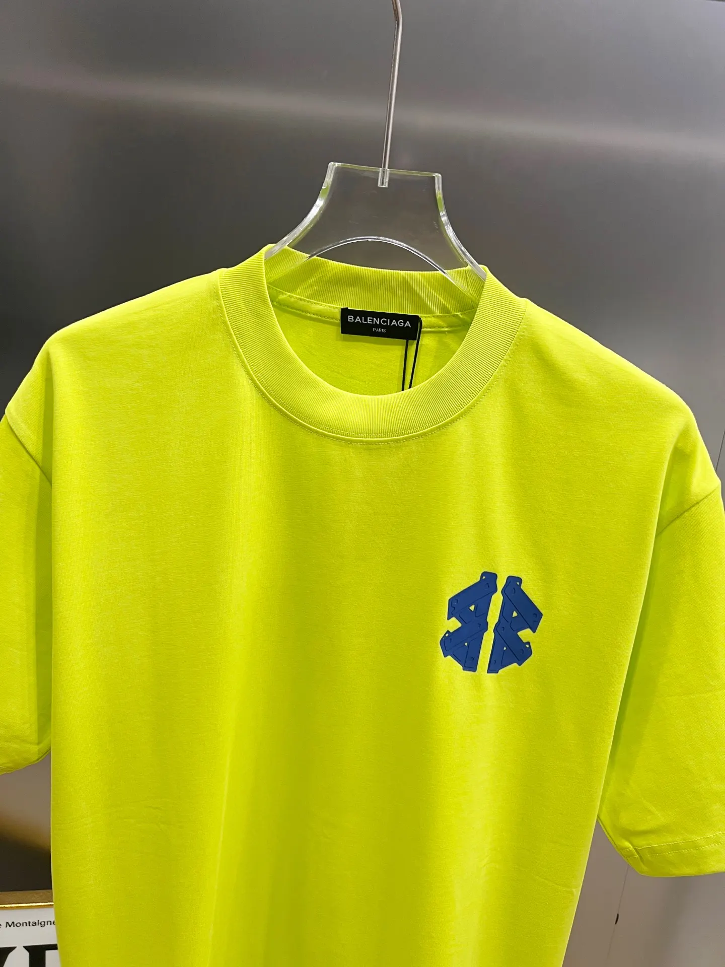 Balenciaga Blue Crest Letter Crew-Neck T-Shirt in Neon Yellow